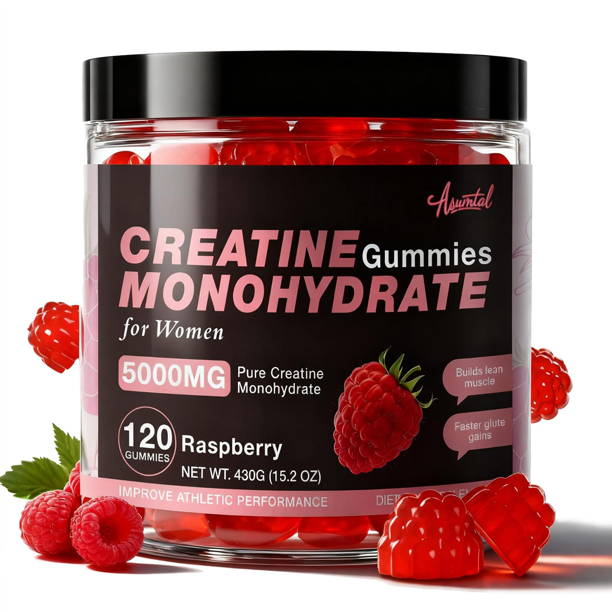 Asumtal Creatine para mujeres en frambuesa, botella, favorece energía durante entrenamientos.