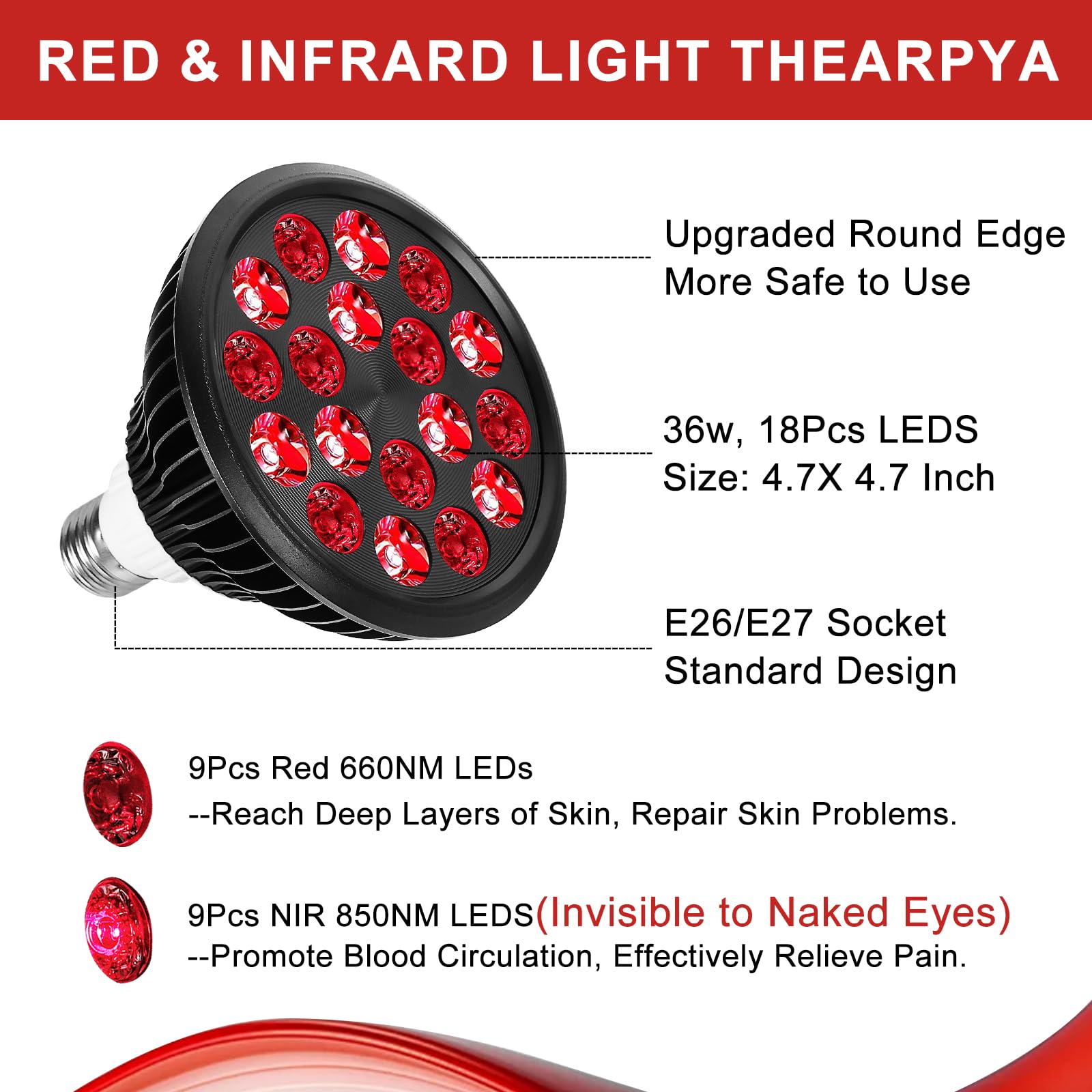 Lámpara aswaysun para terapia de luz roja e infrarroja con 18 diodos LED.