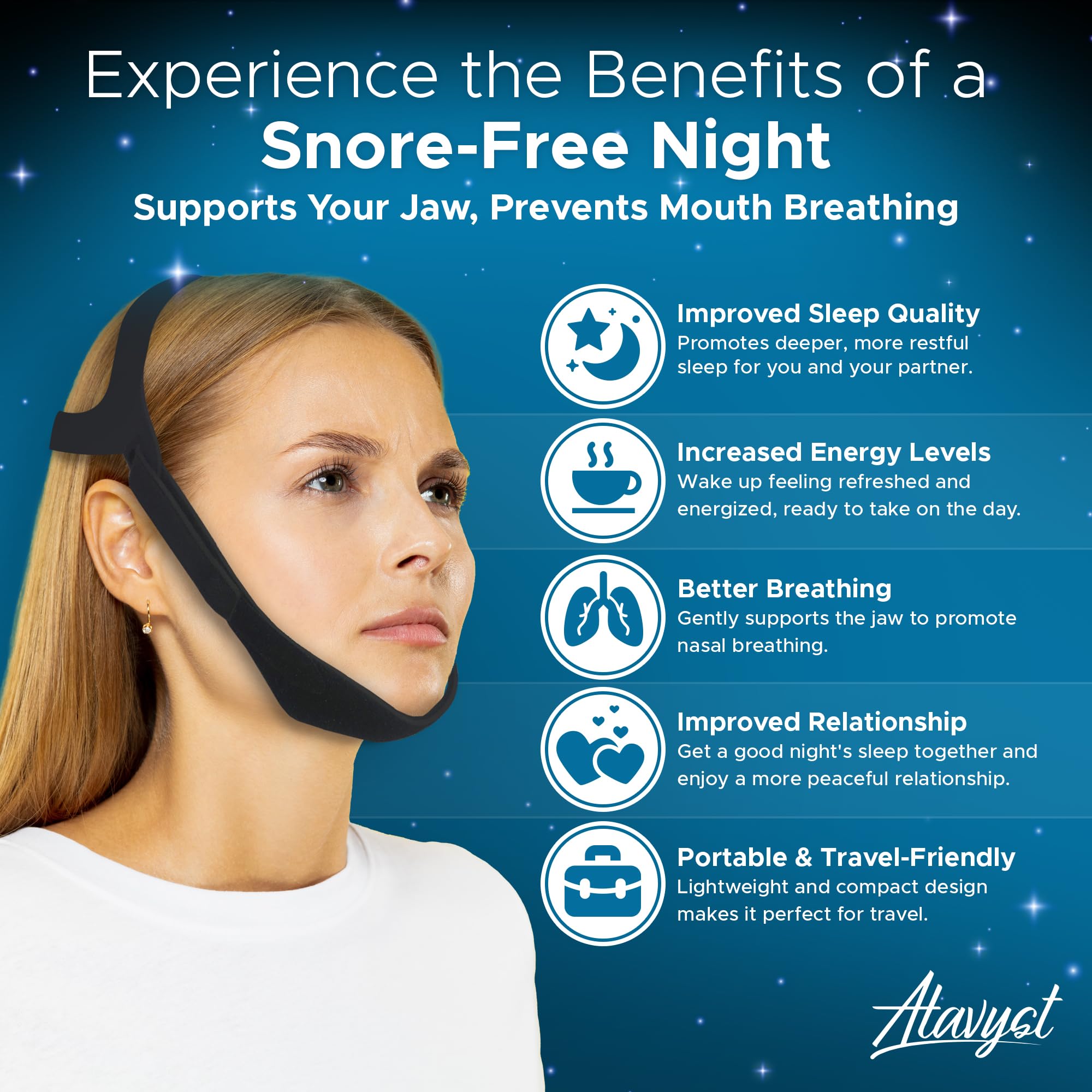 Atavyst diseño flexible que no interfiere con la mascarilla CPAP.