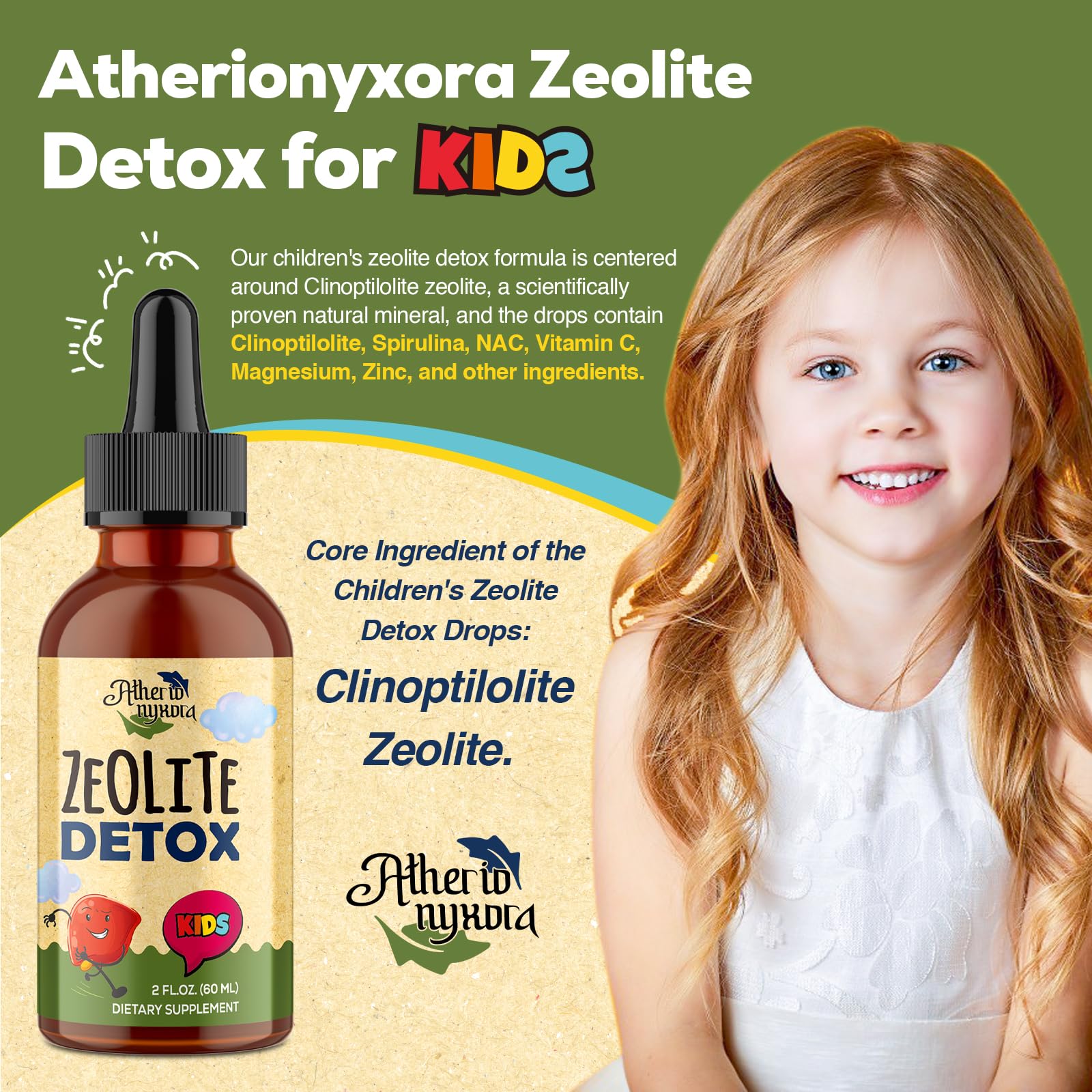 Atherionyxora Zeolita Detox para niños, gotero para mezclar con agua o jugo