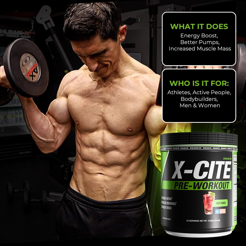 ATHLEAN-RX X-CITE sabor-fruta: energía sostenida y sabor agradable antes del entrenamiento.