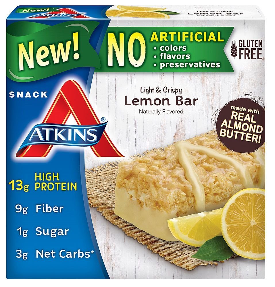 Barra Atkins Limón crujiente en empaque práctico, ideal para meriendas rápidas.