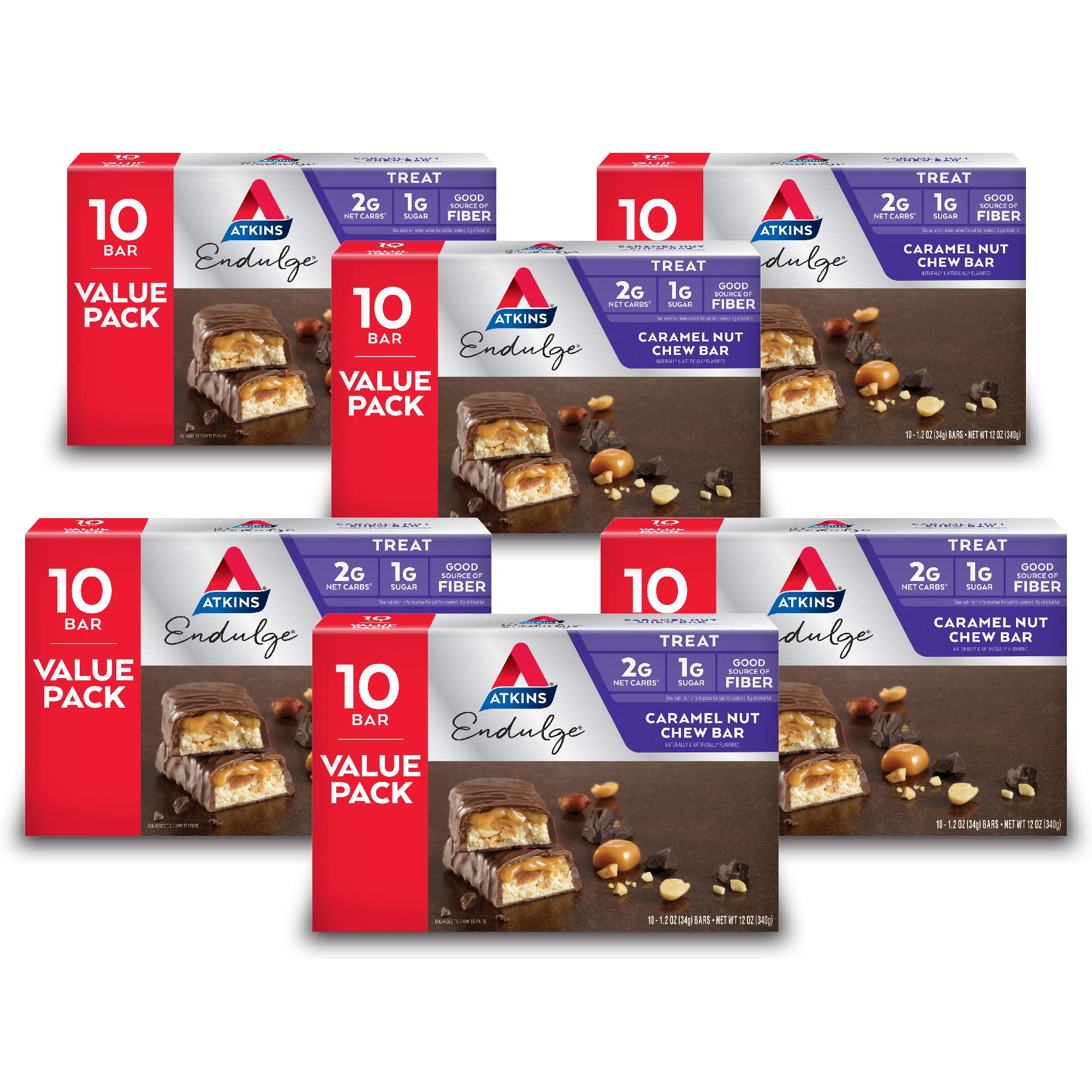 Atkins Endulge Caramel Nut Chew Bar en caja de 60 barras, snack ideal para meriendas.