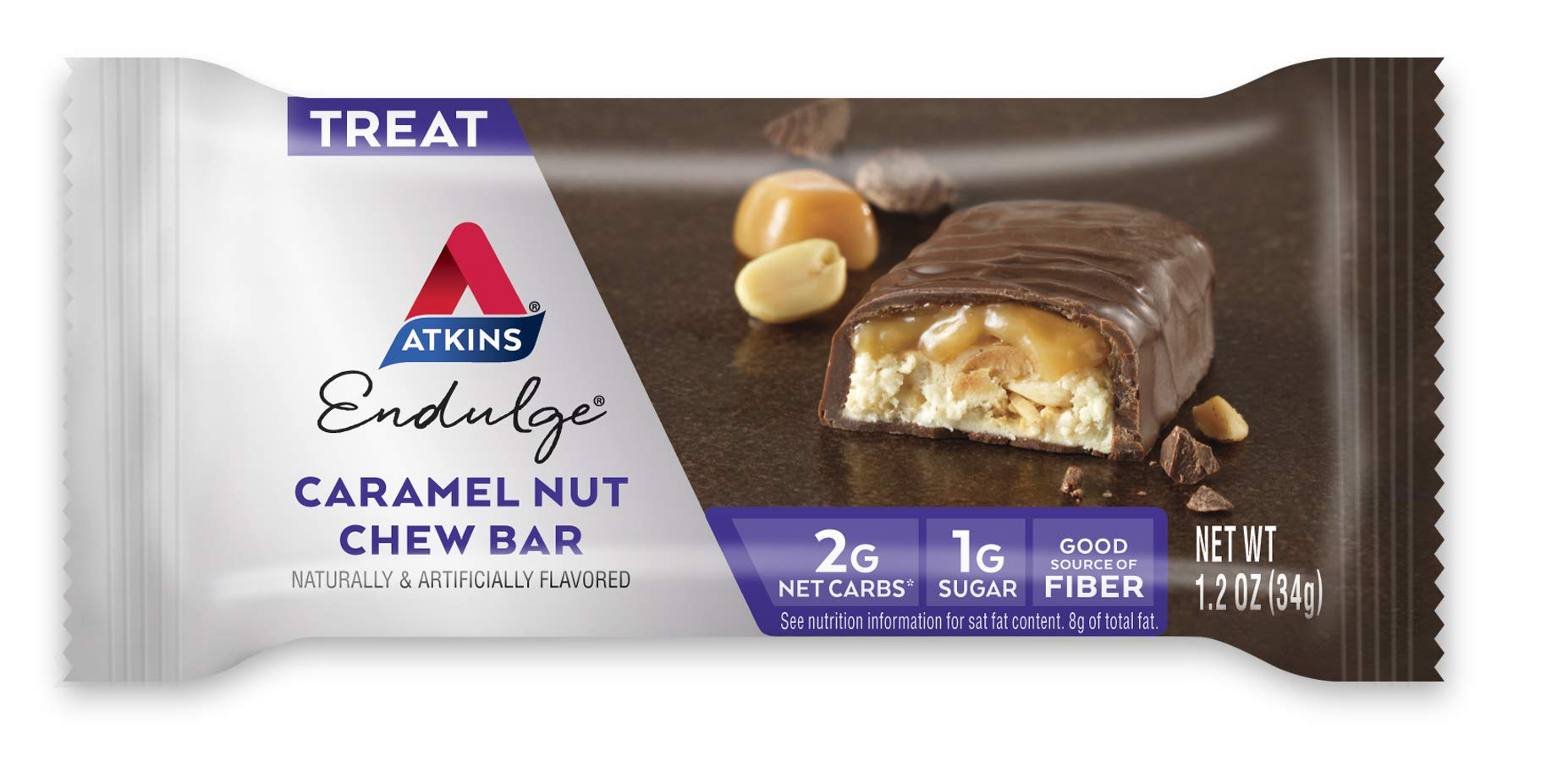 Envase plano de Atkins Endulge Caramel Nut Chew Bar para consumo práctico.