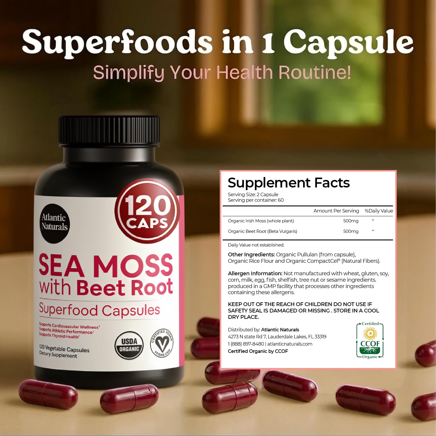 Atlantic Naturals caja de cápsulas Sea Moss con Remolacha para uso diario.