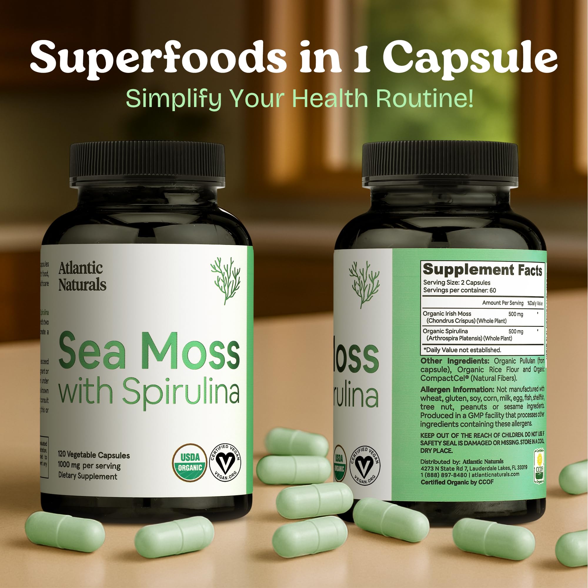 Atlantic Naturals cápsulas con espirulina mostrando nutrientes esenciales