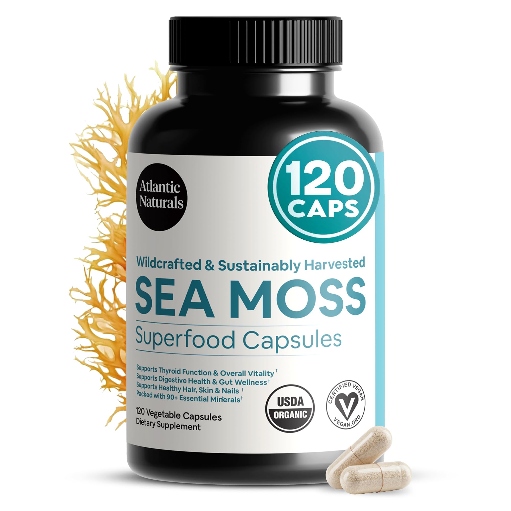 Cápsulas Atlantic Naturals de musgo mar irlandés, frasco visible, posible apoyo a la inmunidad.