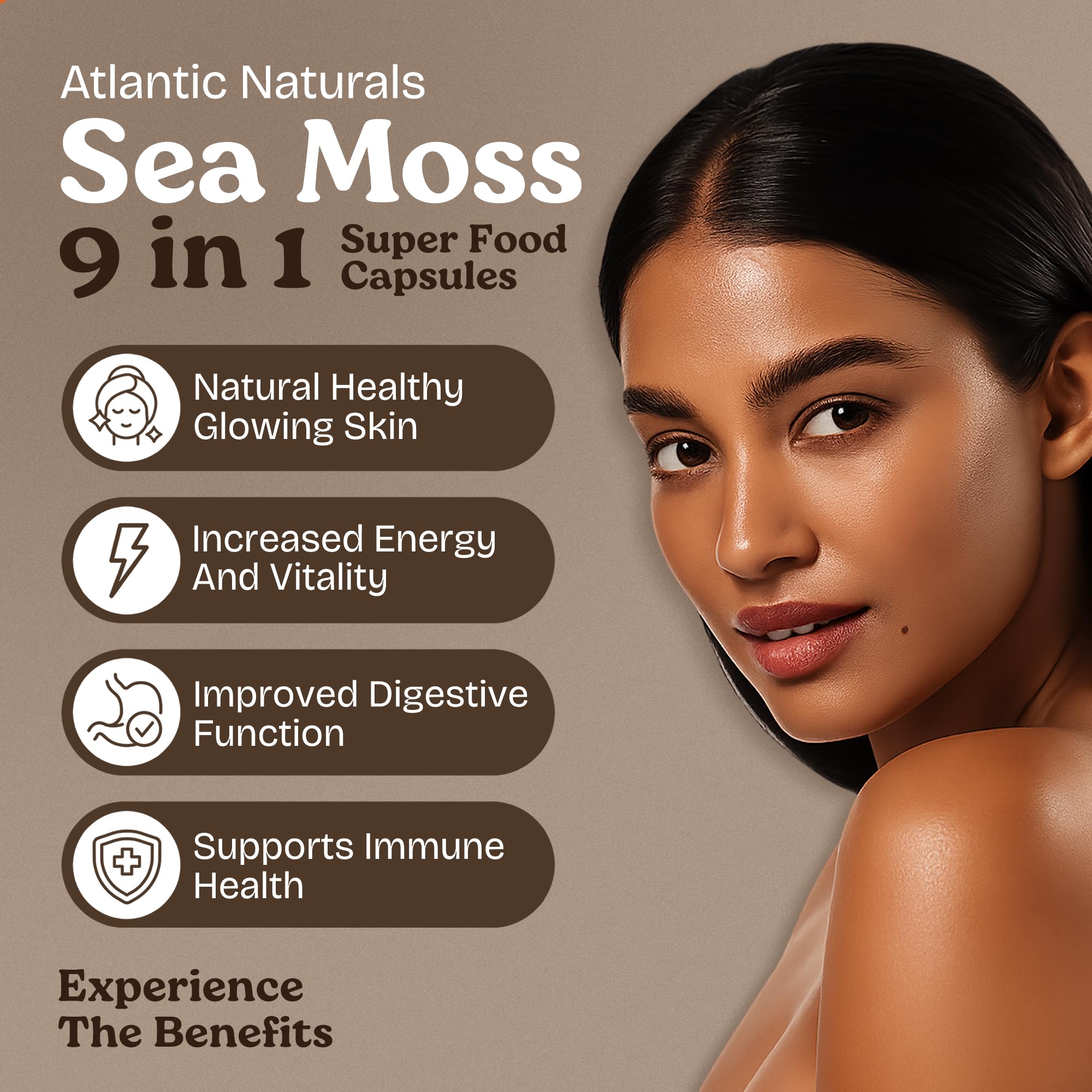 Etiqueta Atlantic Naturals con ingredientes clave y beneficios para el bienestar.