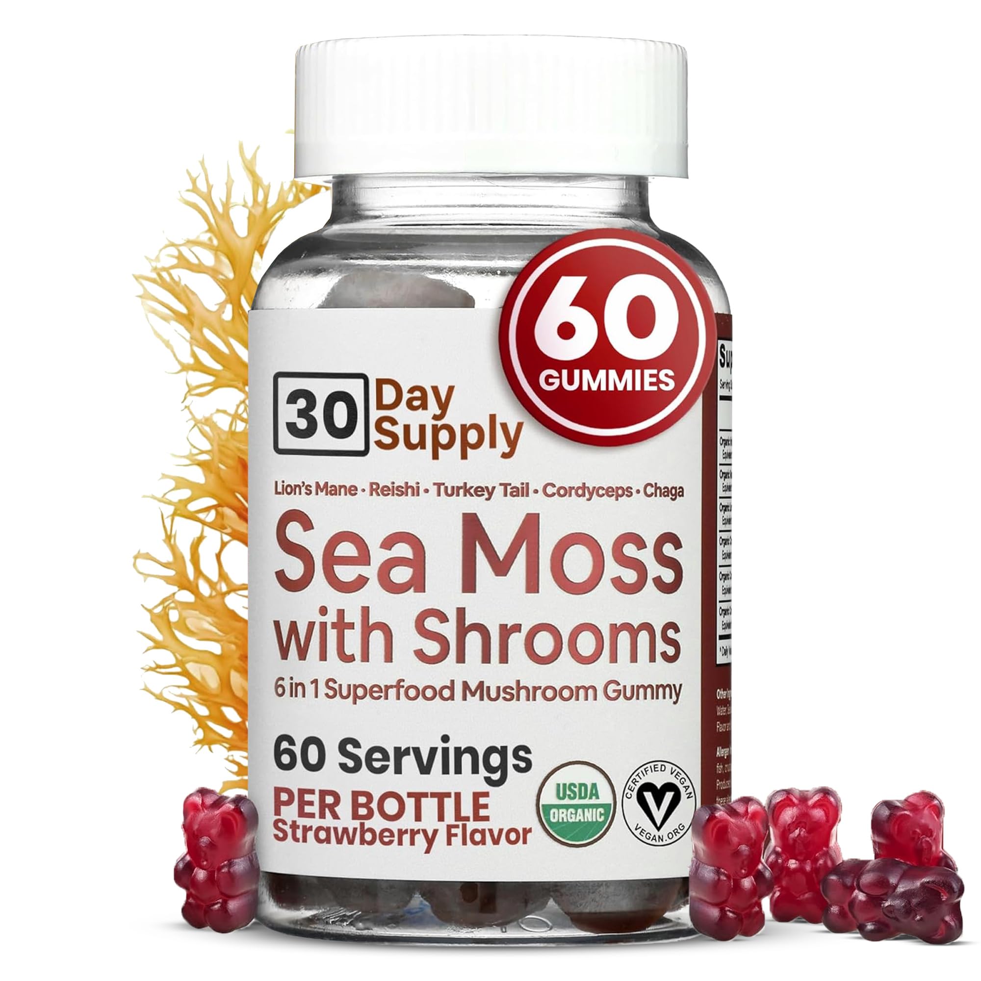 Atlantic Naturals gominolas de musgo marino con melena de león, apoyo a la energía diaria.