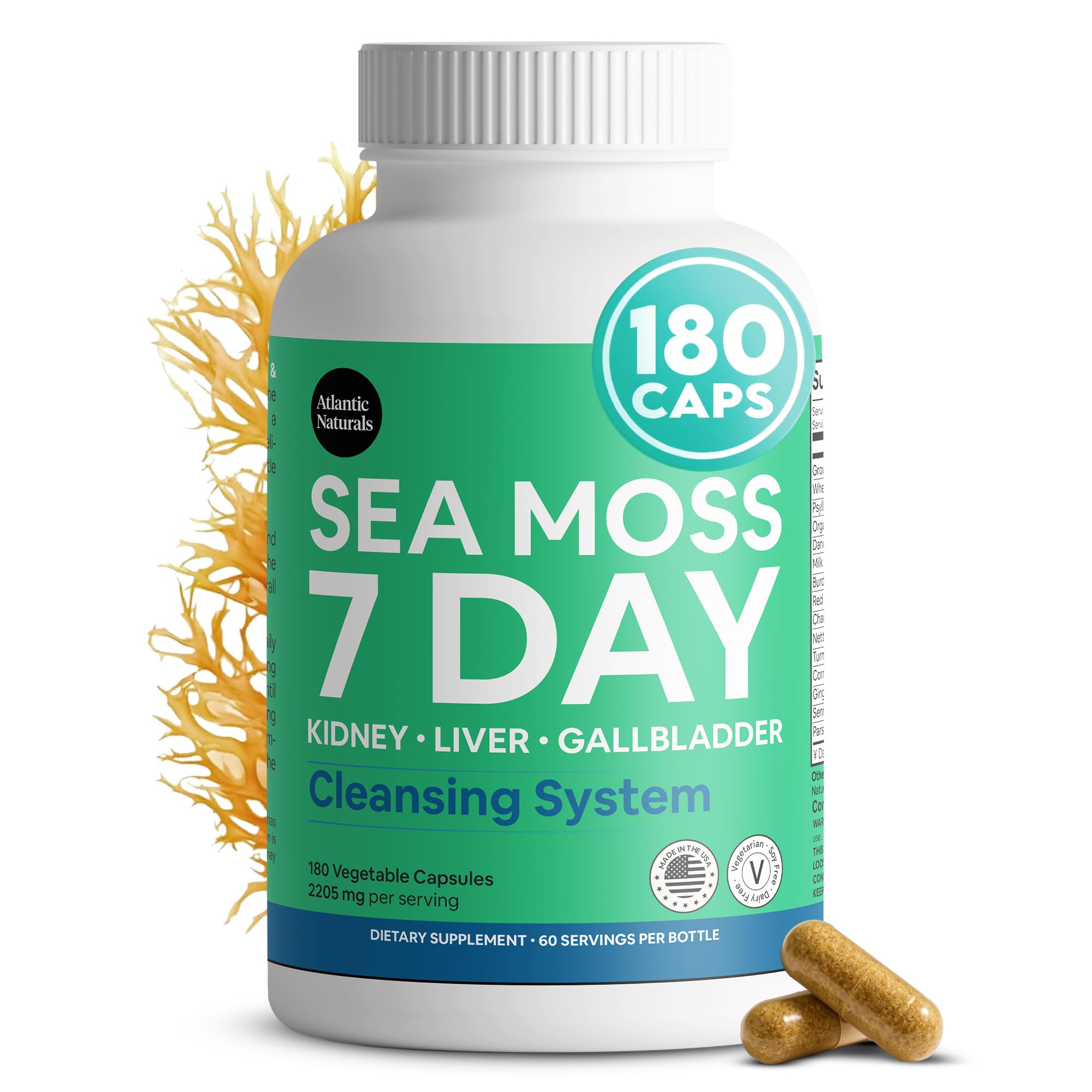 Atlantic Naturals cápsulas de musgo marino para uso diario.
