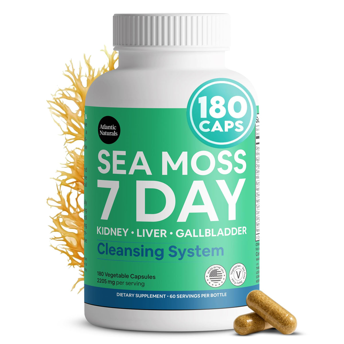Atlantic Naturals cápsulas de musgo marino para uso diario.