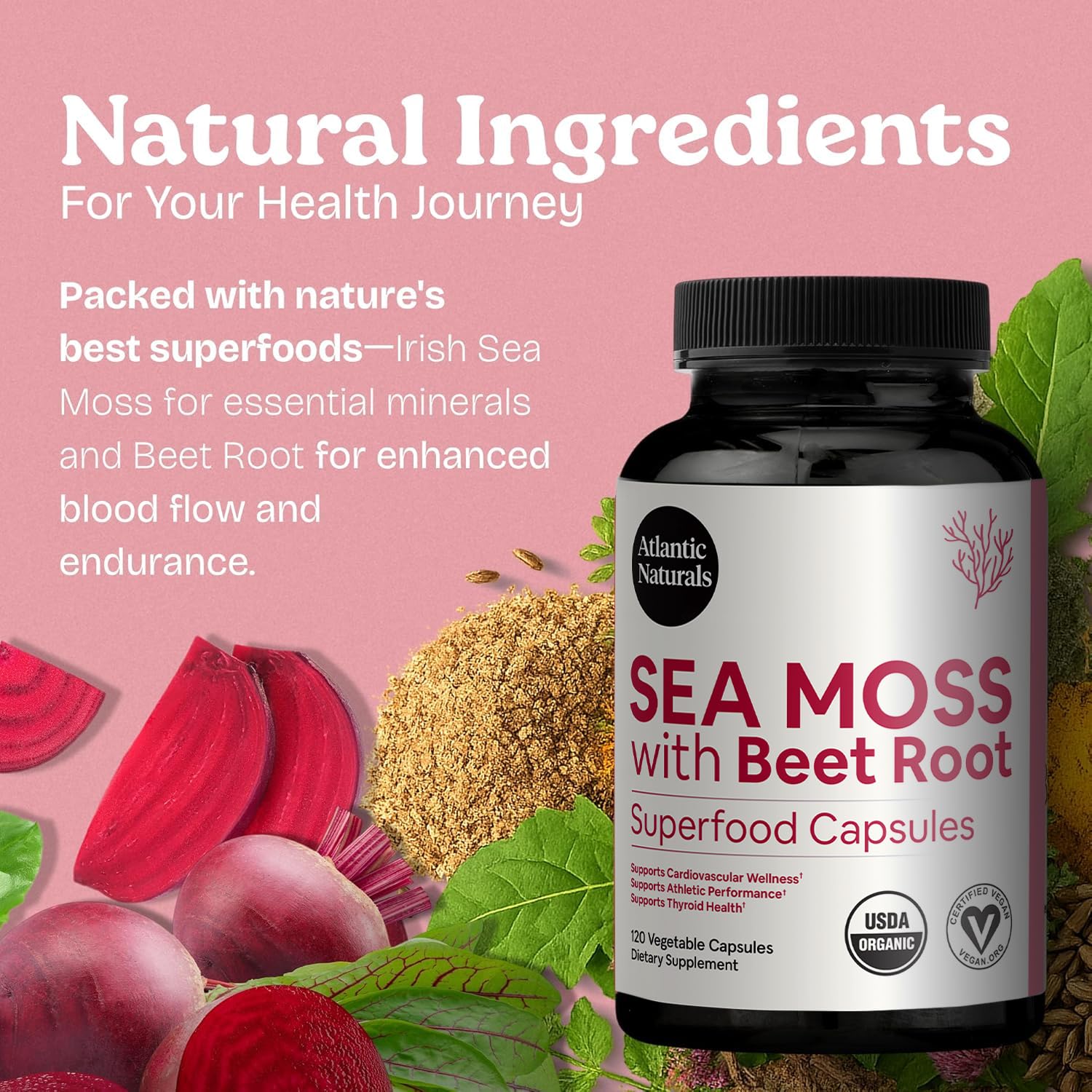 Detalle de ingredientes clave en Atlantic Naturals Sea Moss con Remolacha.