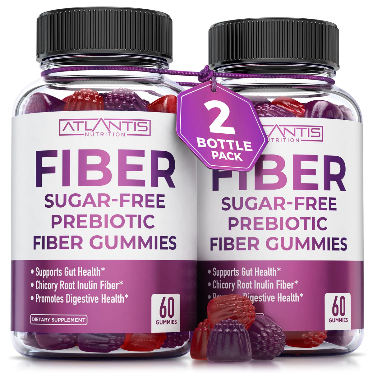Gominolas Atlantis Nutrition de fibra sin azúcar en envase para apoyo digestivo diario.