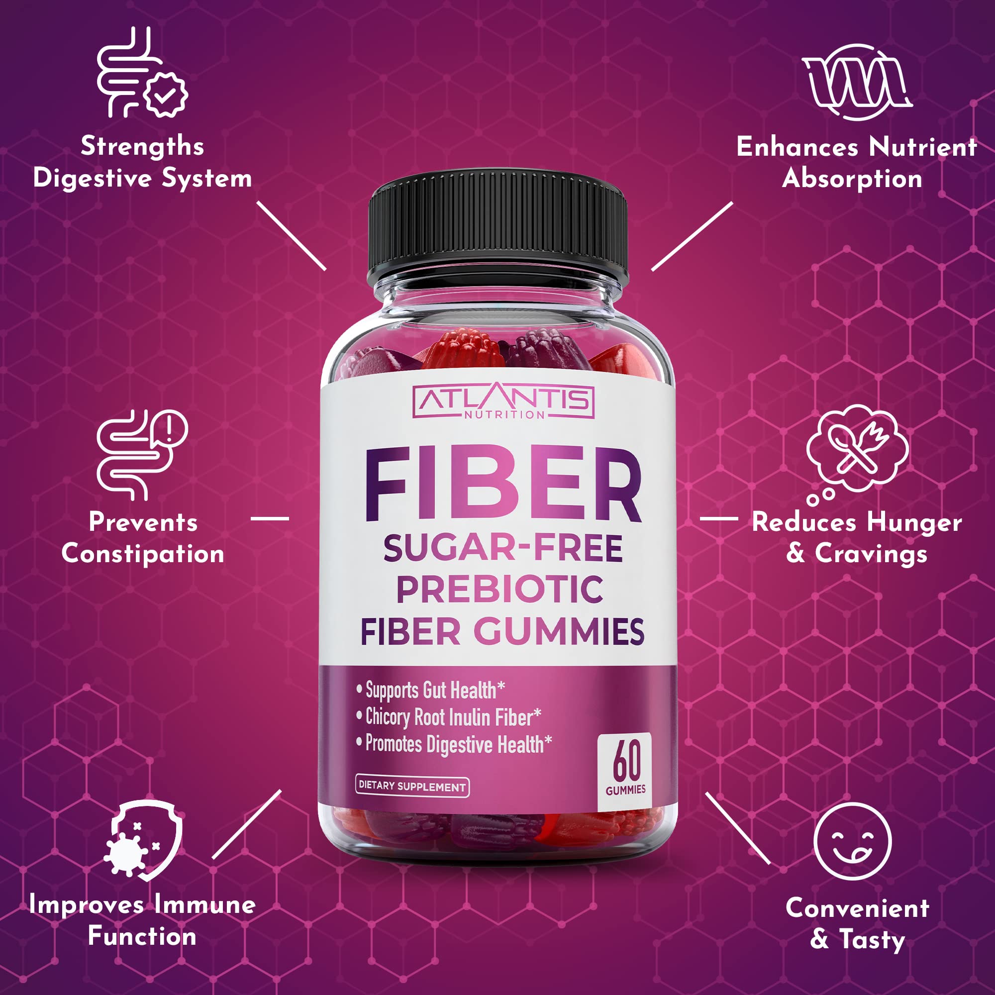 Ingredientes de calidad en gominolas de fibra Atlantis Nutrition para adultos.