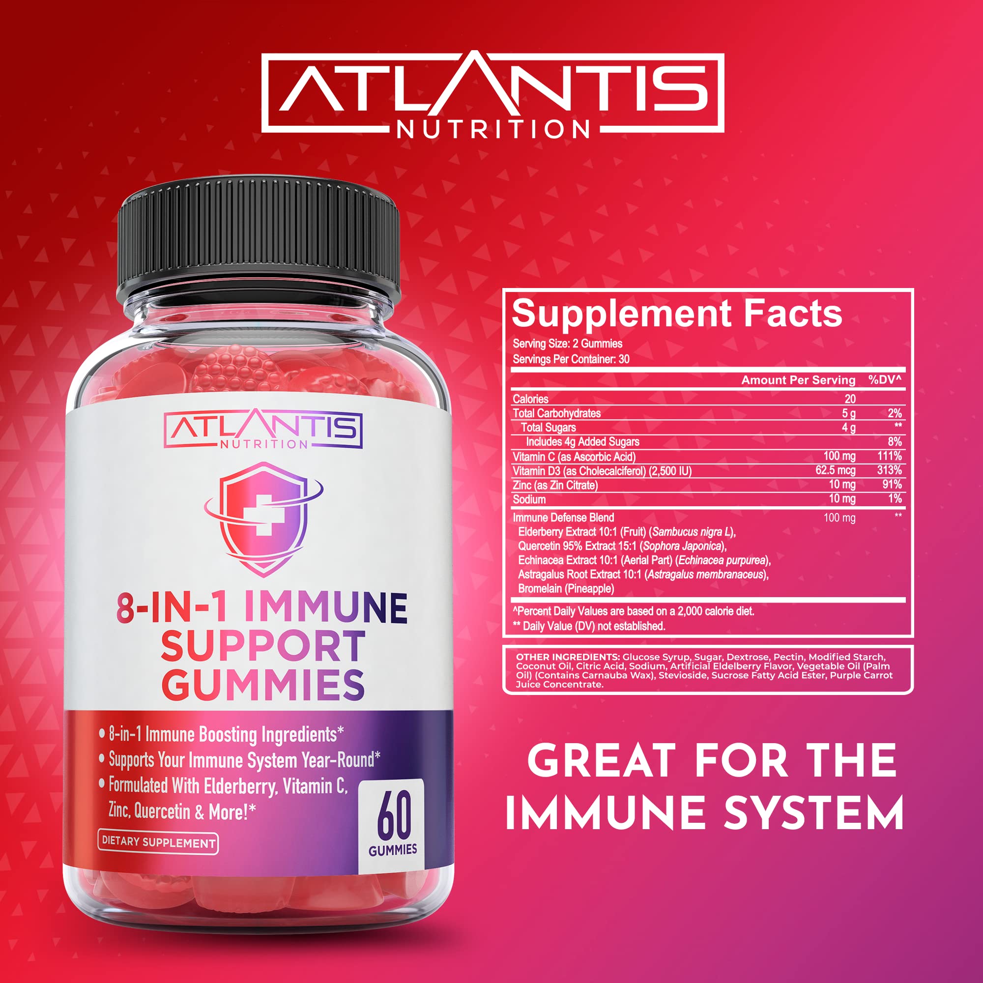 Gominolas Atlantis Nutrition sabor sauco y frambuesa para rutina diaria.