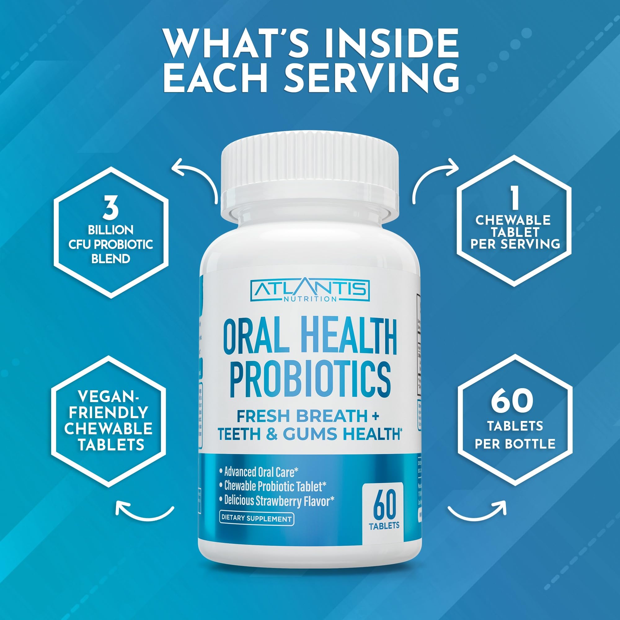 Atlantis Nutrition Probioticos orales, uso para aliento fresco y higiene bucal.