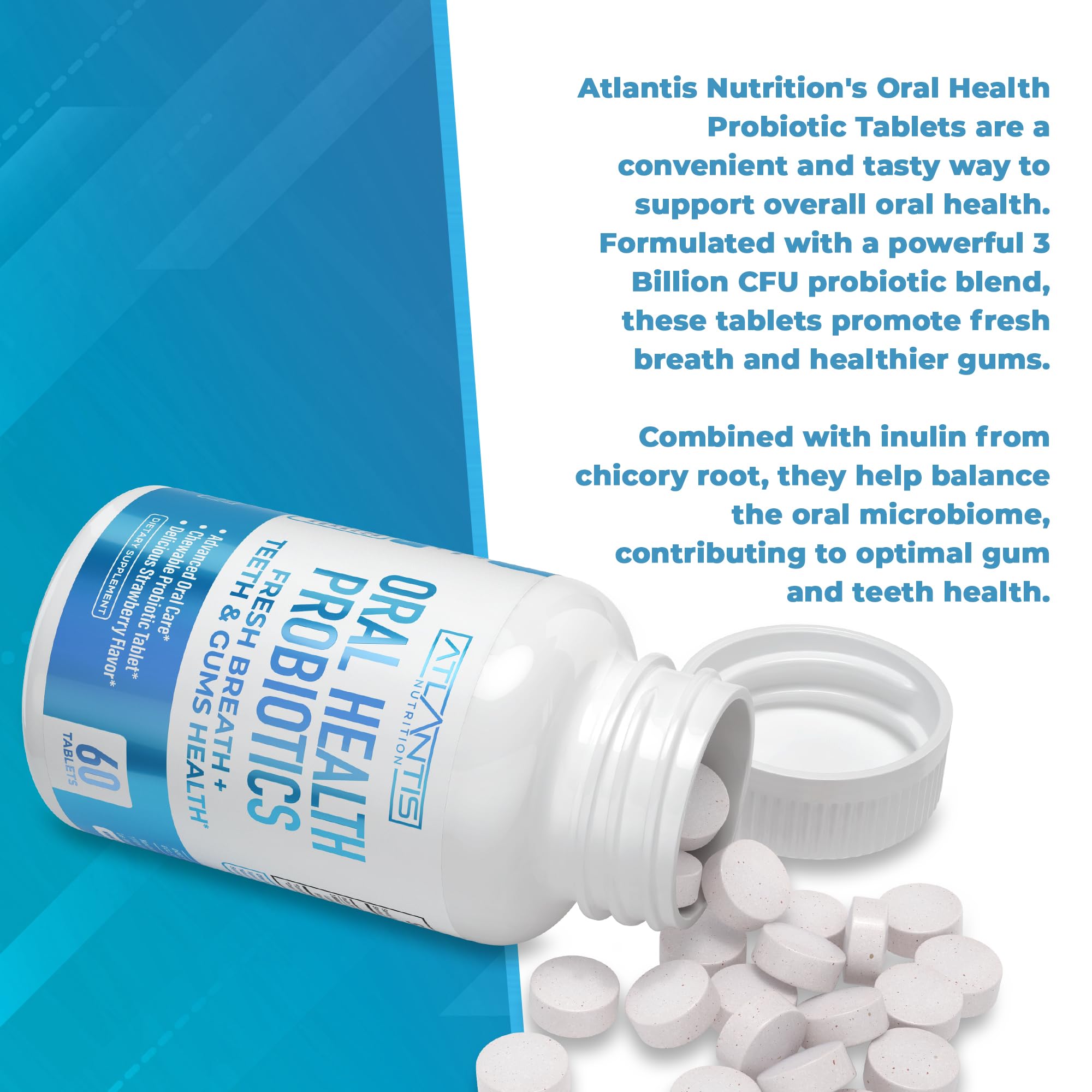 Atlantis Nutrition Probioticos orales, primer plano dental, ayuda a mantener dientes y encías sanos.