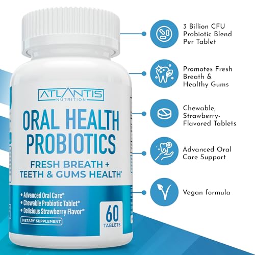Atlantis Nutrition Probioticos orales, dorso, fomenta higiene bucal y aliento fresco.
