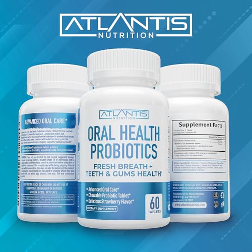 Atlantis Nutrition Probioticos orales, envase, consumo diario para higiene bucal.