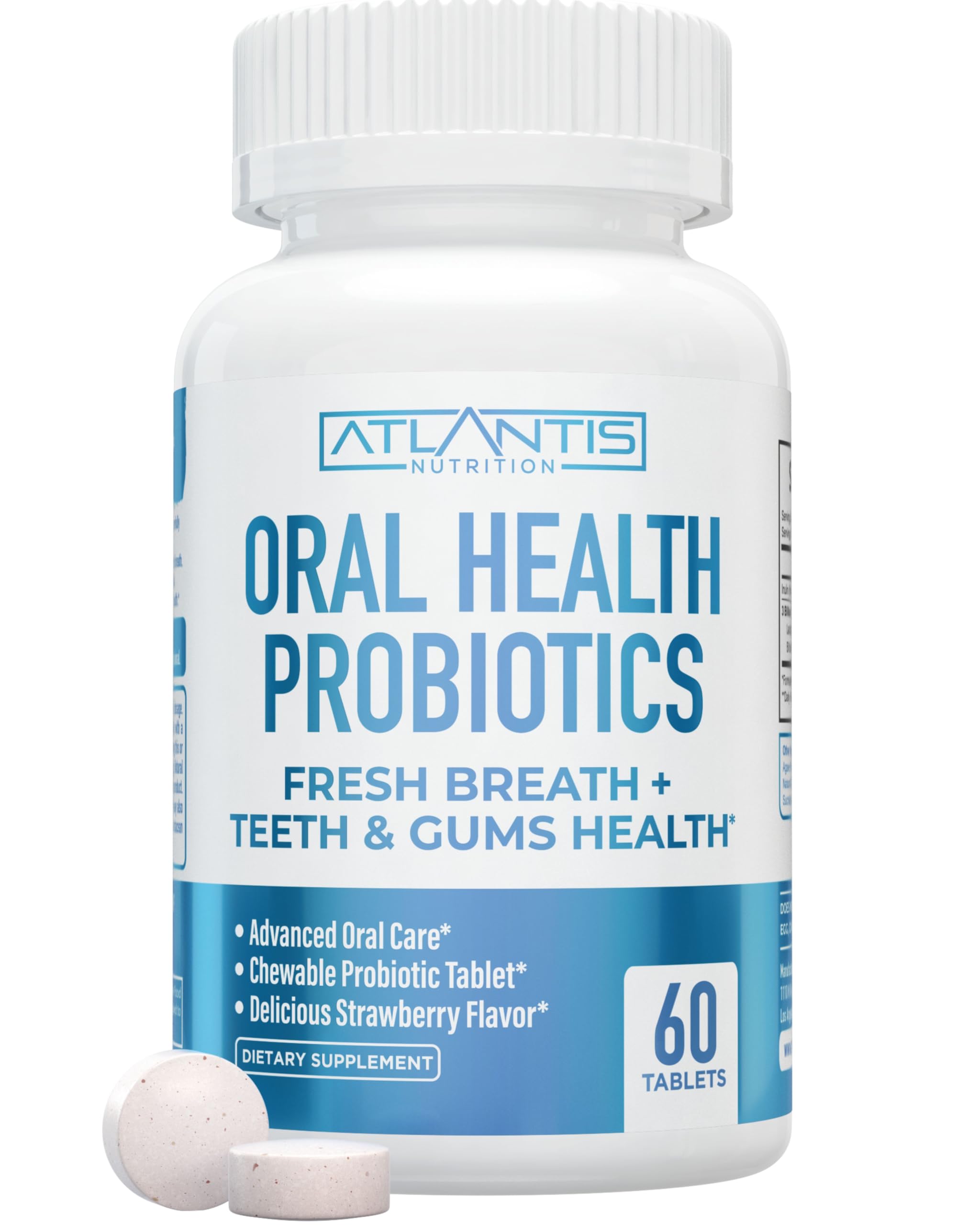 Atlantis Nutrition Probioticos orales frente al envase, apoyo a la salud dental y aliento.