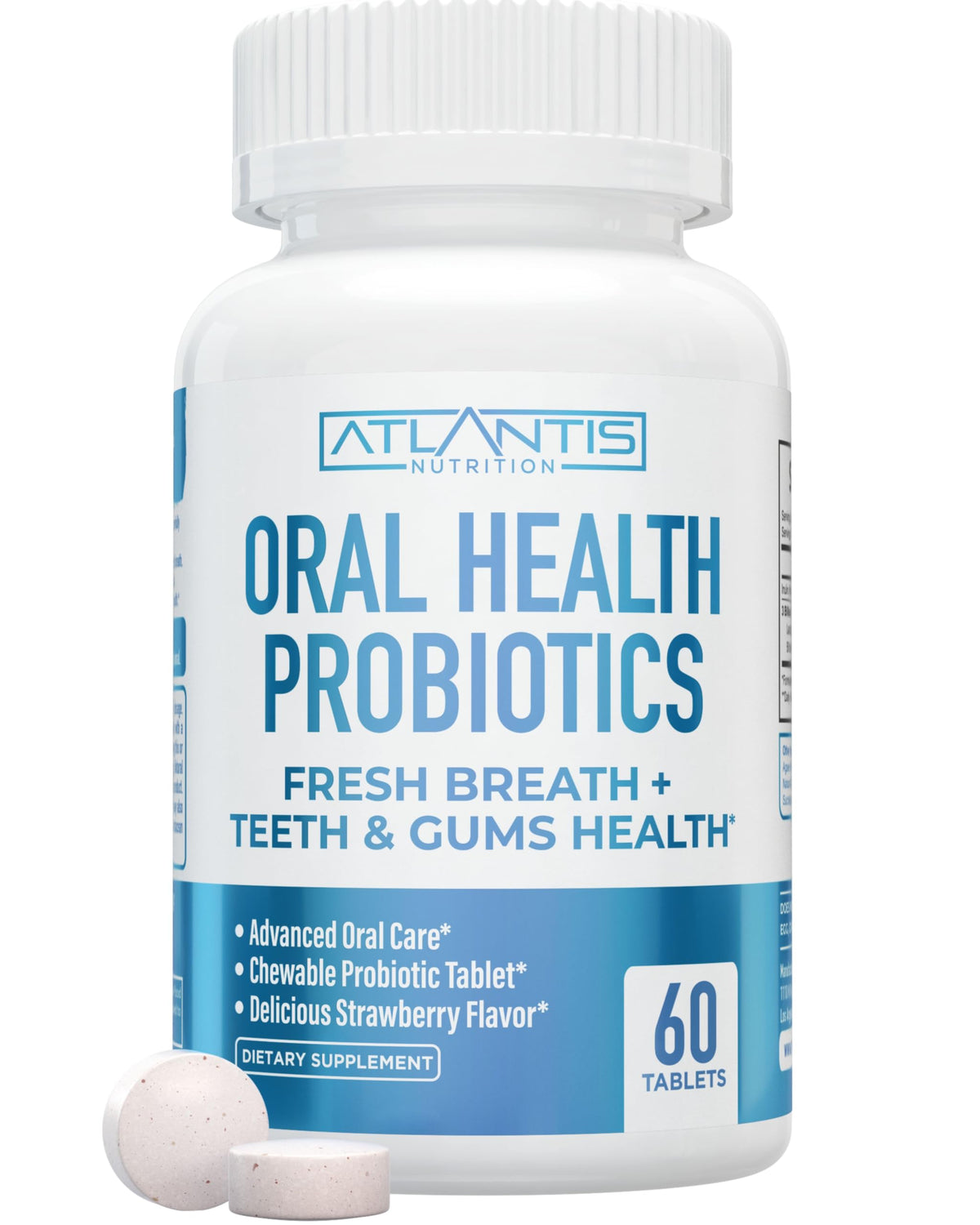 Atlantis Nutrition Probioticos orales frente al envase, apoyo a la salud dental y aliento.