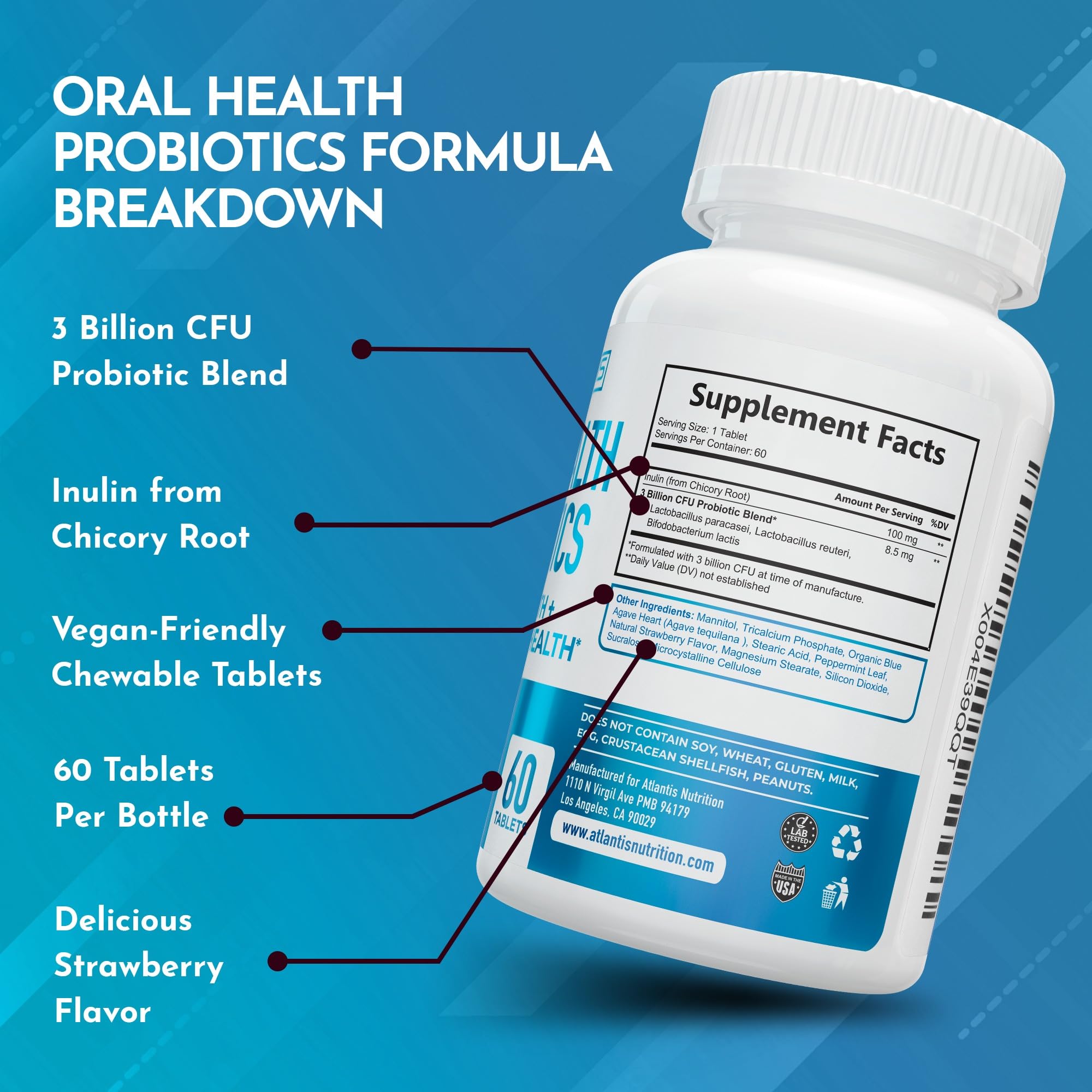 Atlantis Nutrition Probioticos orales, en mano, masticable para cuidado dental cotidiano.