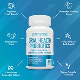 Atlantis Nutrition Probioticos orales, etiqueta y características, resumen visual de beneficios para dientes.