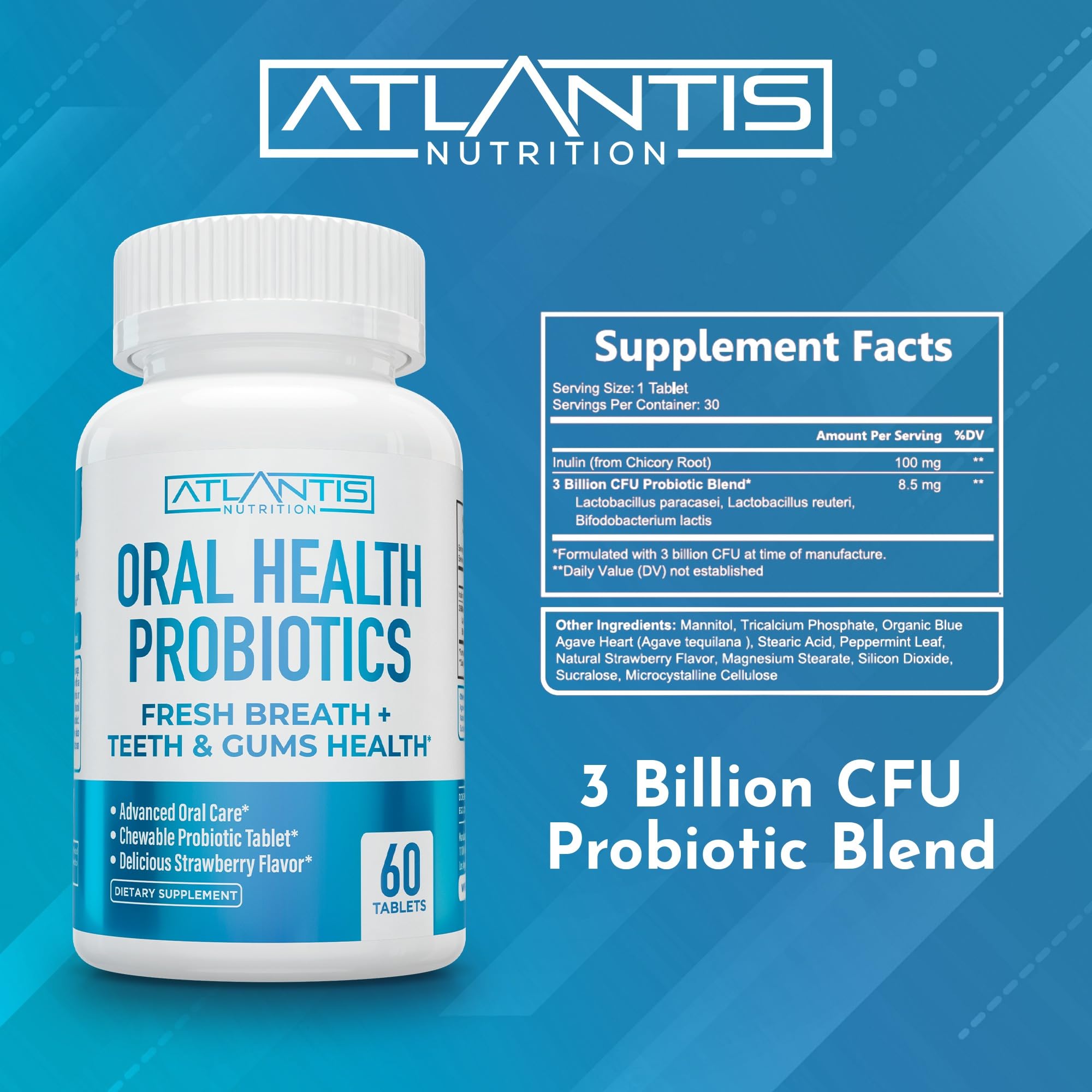 Atlantis Nutrition Probioticos orales, uso diario, favorece equilibrio de la microbiota bucal.