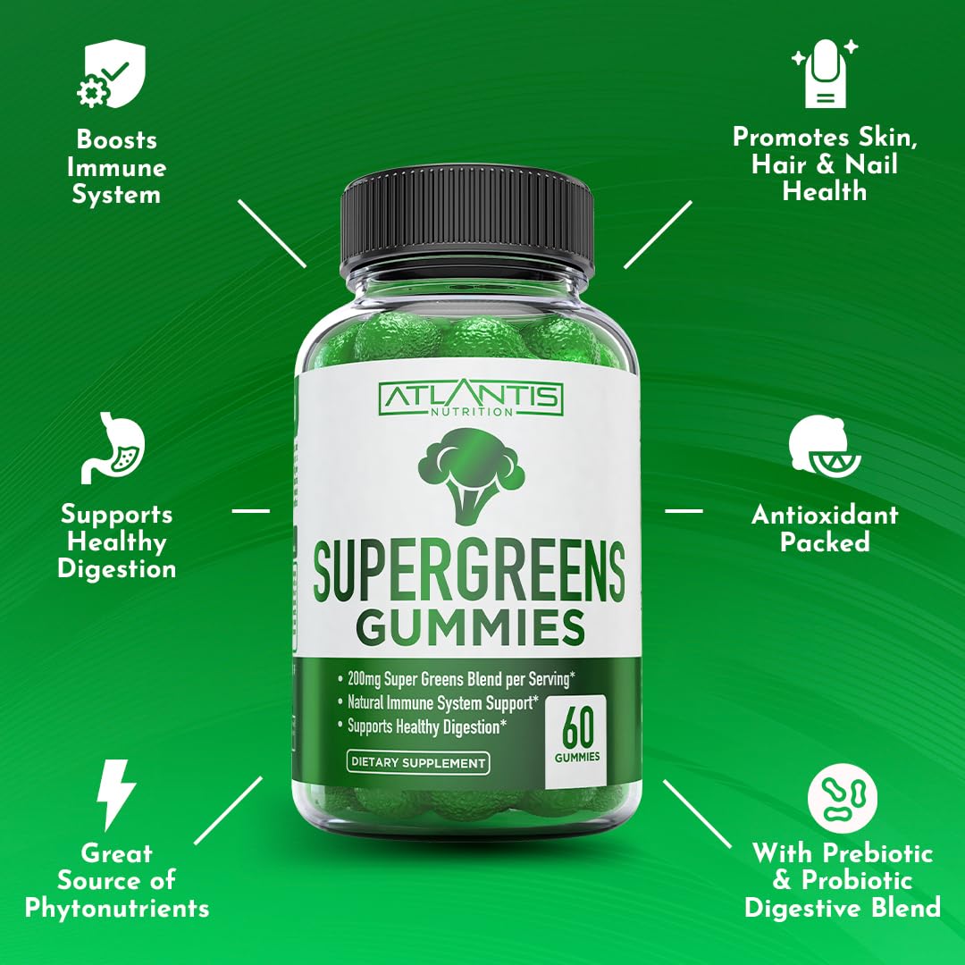Atlantis Nutrition Supergreens para defensa inmunitaria, antioxidantes y vitaminas en cada gomita.