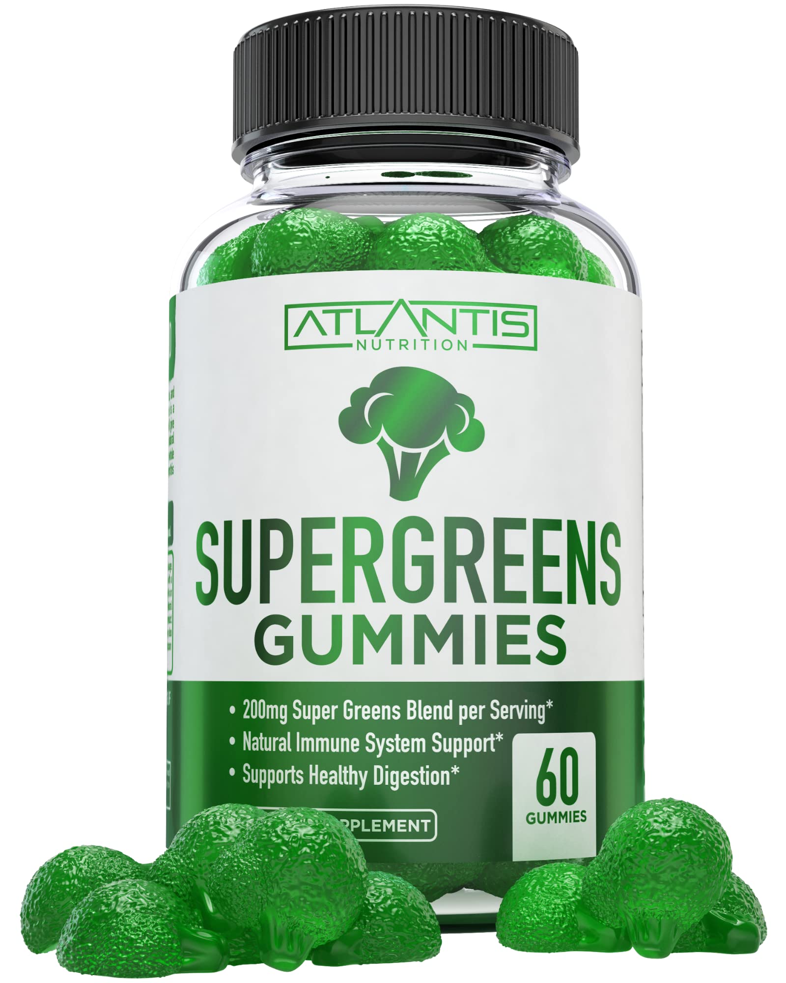 Gomitas Atlantis Nutrition Supergreens en envase, sabor frambuesa, ideal para consumo diario.
