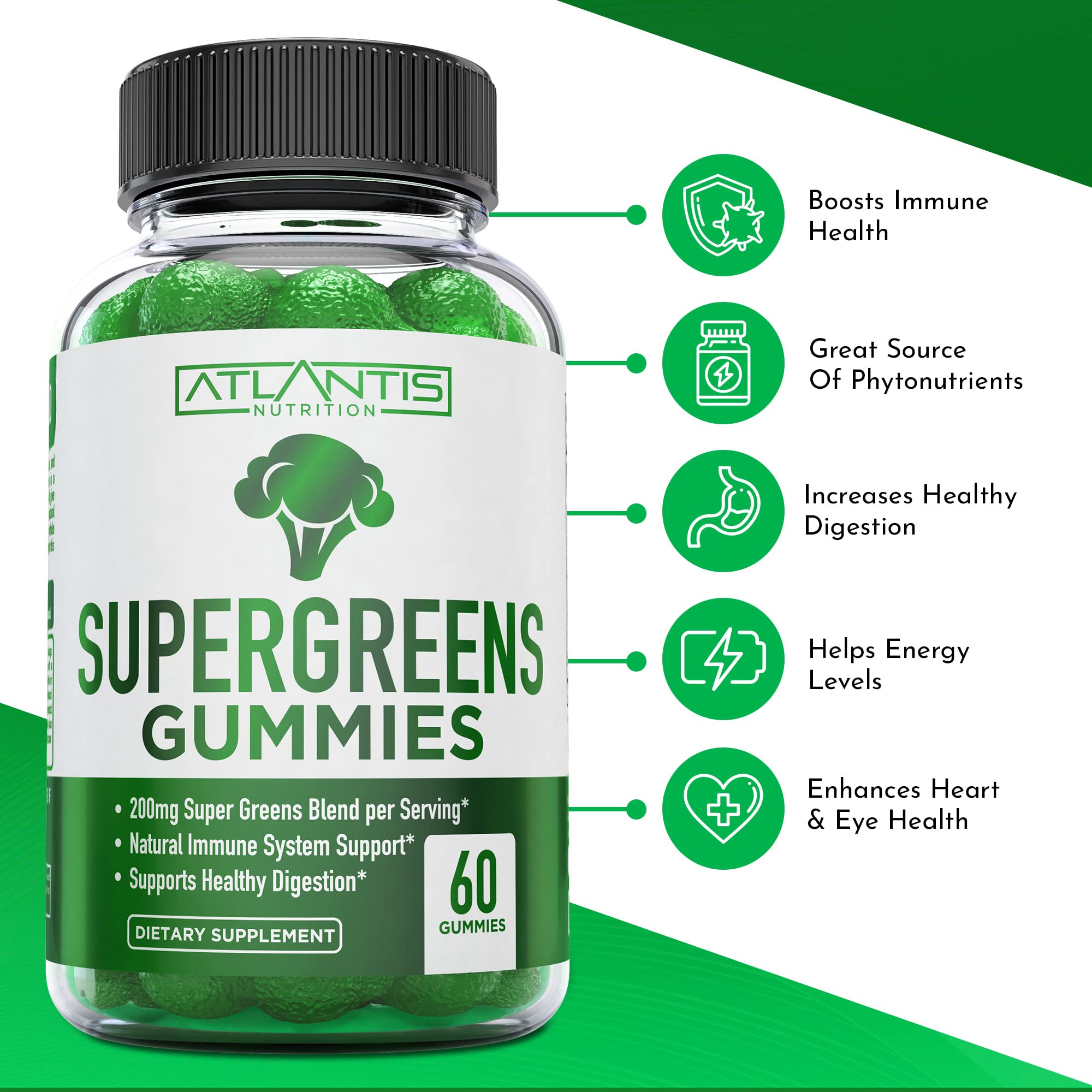 Gomitas con forma de brócoli de Atlantis Nutrition, sabor frambuesa y masticación fácil.