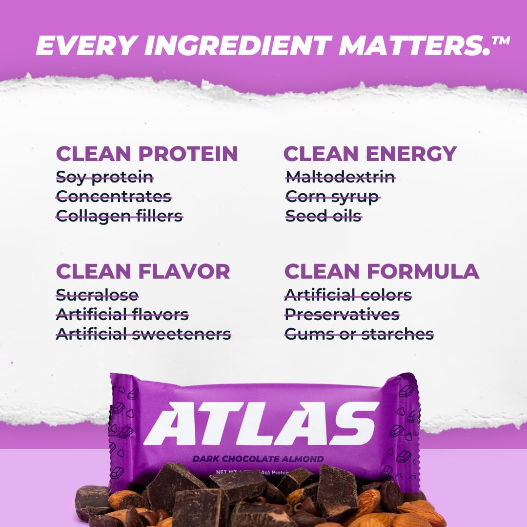Etiqueta Atlas Bar destaca 20 g proteína por barra para energía sostenida