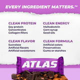 Etiqueta Atlas Bar destaca 20 g proteína por barra para energía sostenida