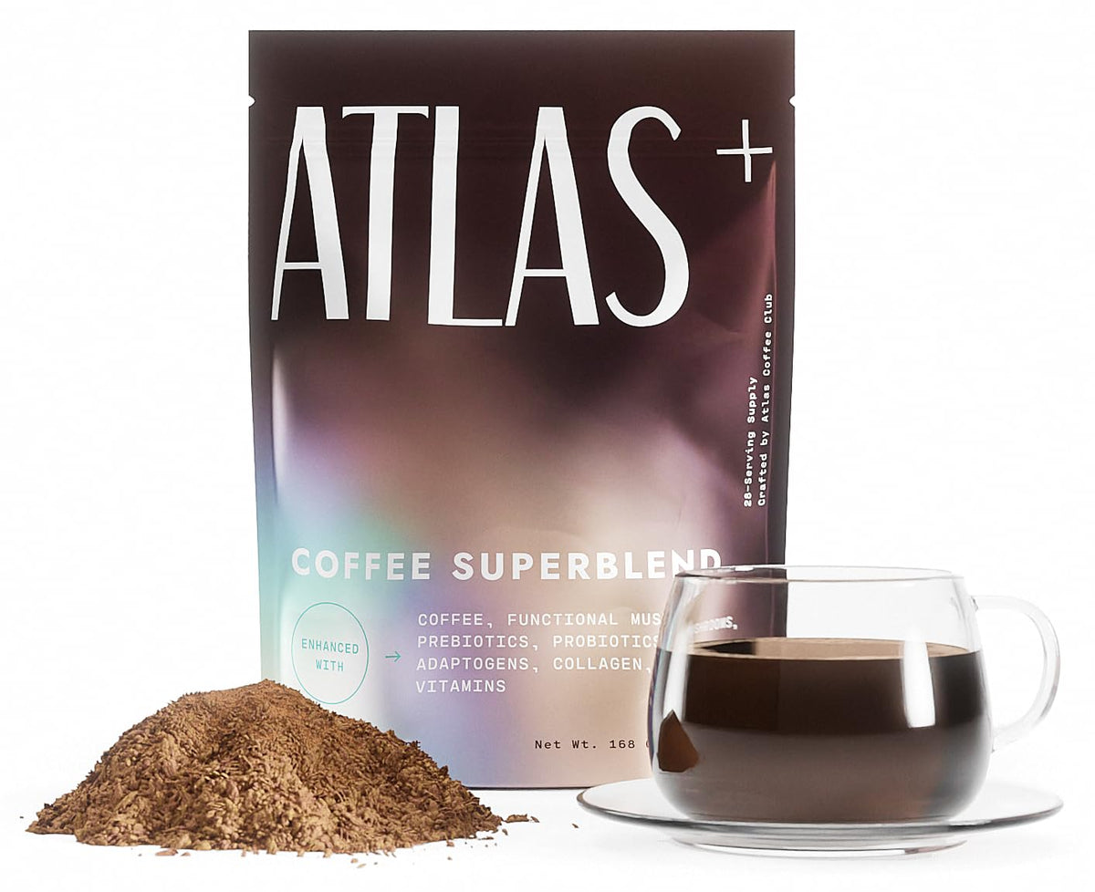Atlas Coffee Club Superblend en empaque, listo para abrir y disfrutar.