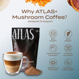 Atlas Coffee Club Superblend en taza, energía suave para concentración.