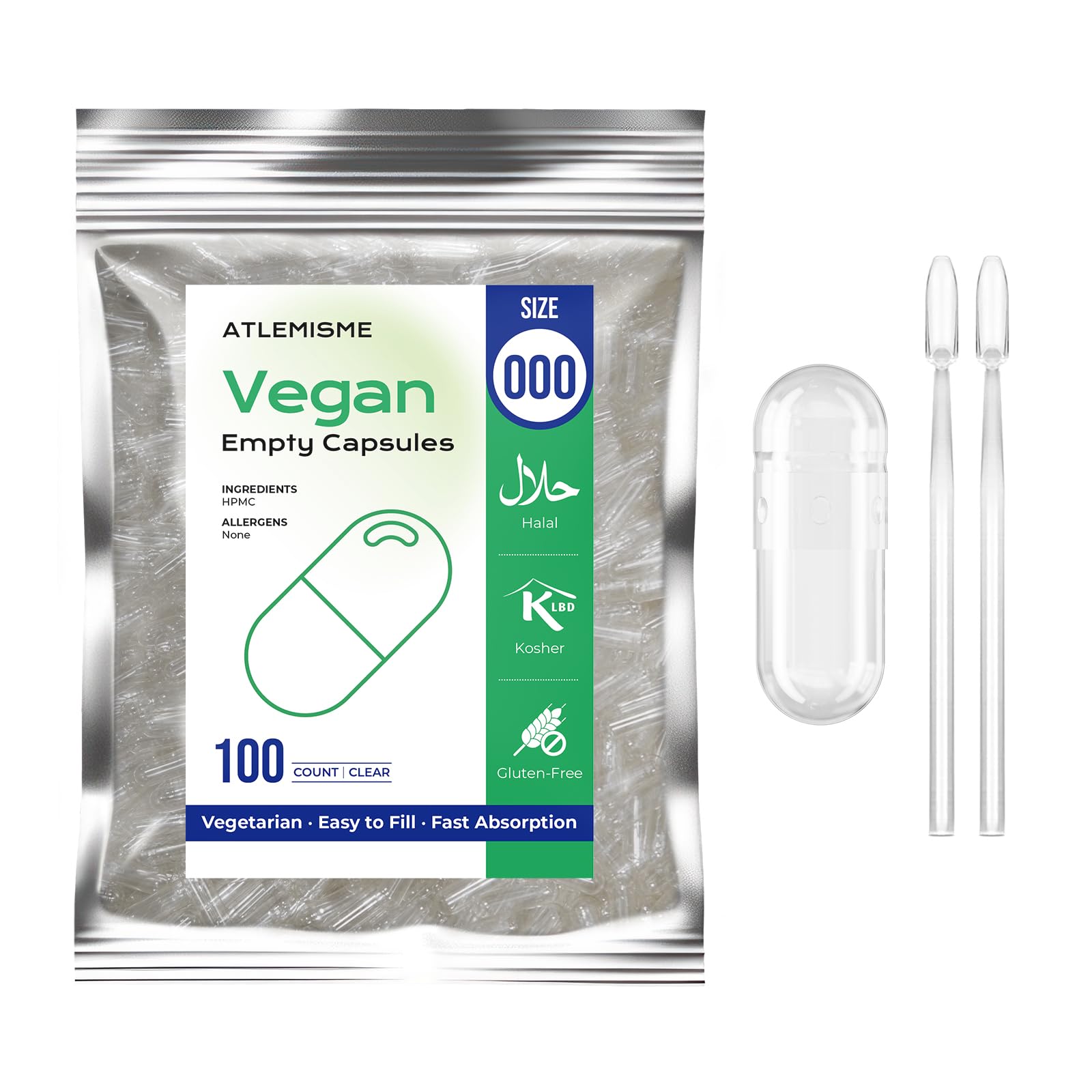 ATLEMISME cápsulas veganas vacías tamaño 000 100, ideales para relleno casero.