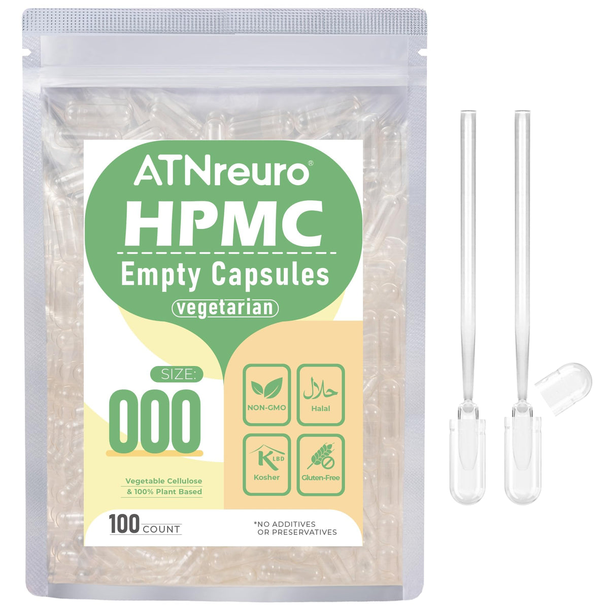 ATNreuro cápsulas veganas vacías con dos microcucharillas, listas para rellenar polvos.