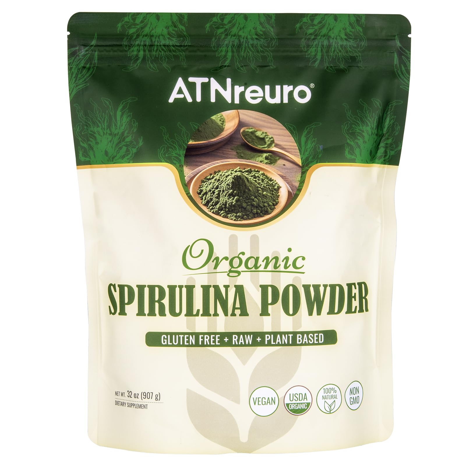 ATNreuro polvo espirulina organica 32oz, fuente de proteína vegetal para batidos