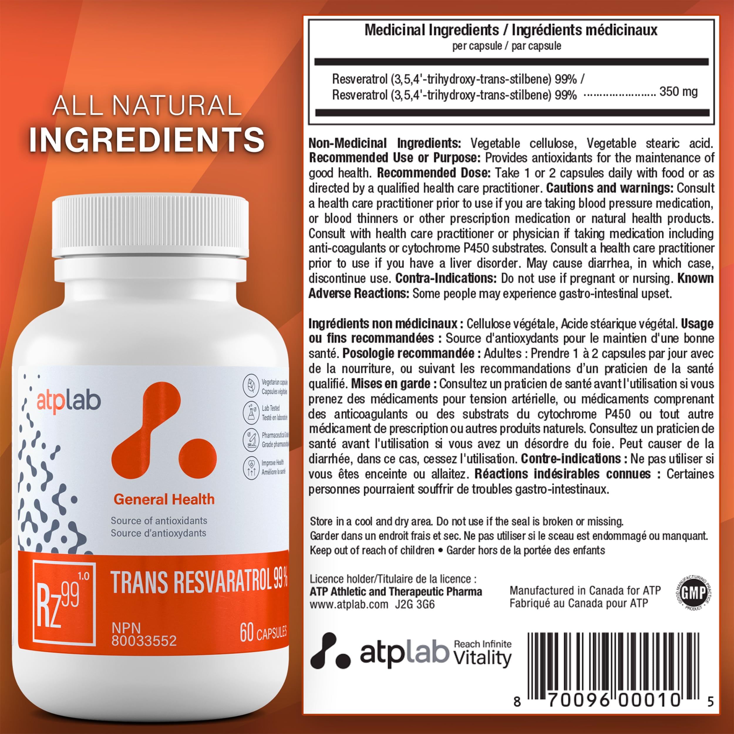 ATP LAB complemento diario Trans Resveratrol para bienestar