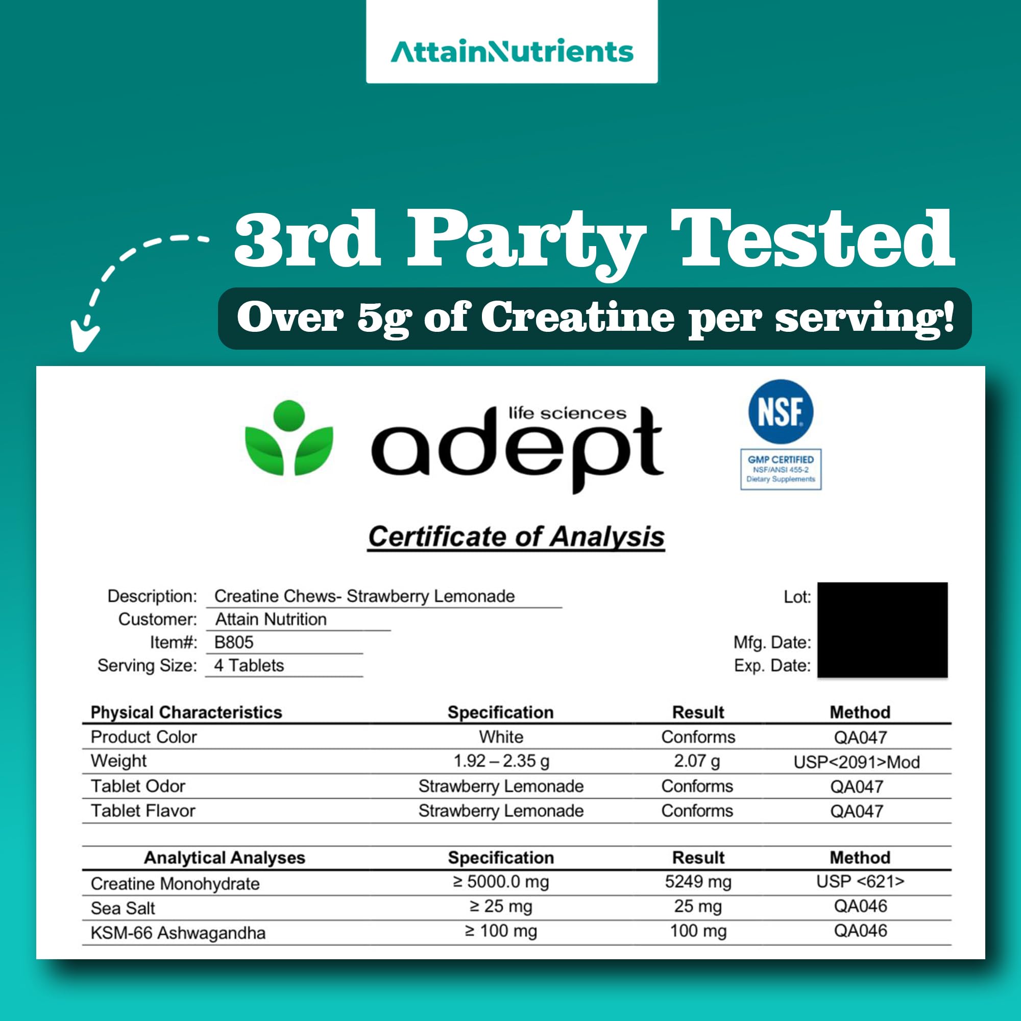 Attain Nutrients Creatine Chews etiqueta libre de colorantes artificiales.