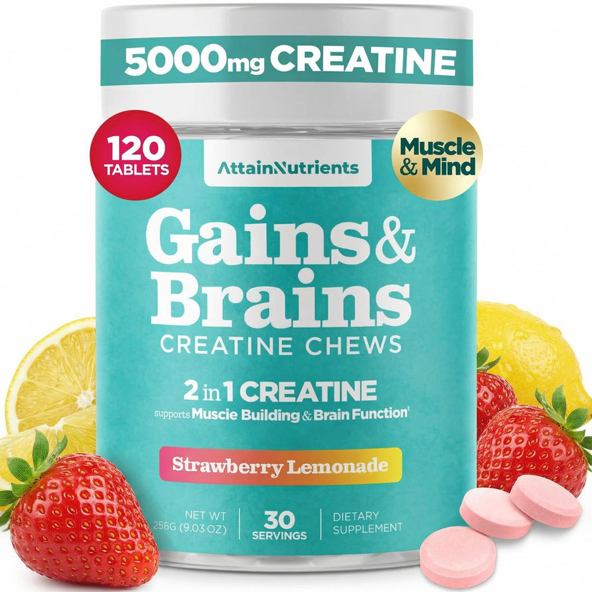 Attain Nutrients Creatine Chews frasco abierto, ideal para entrenamiento diario.