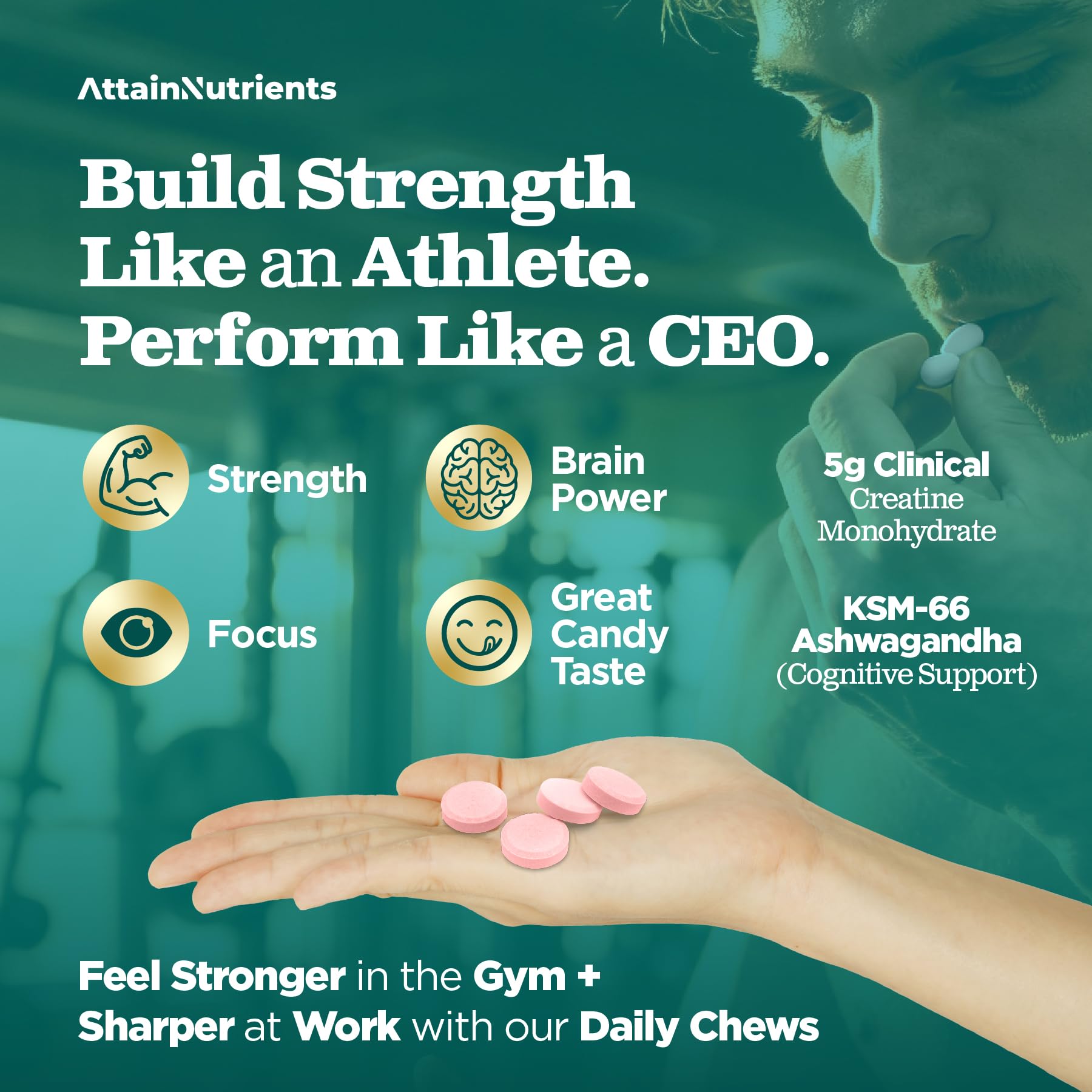 Attain Nutrients Creatine Chews caja lista para uso en casa.