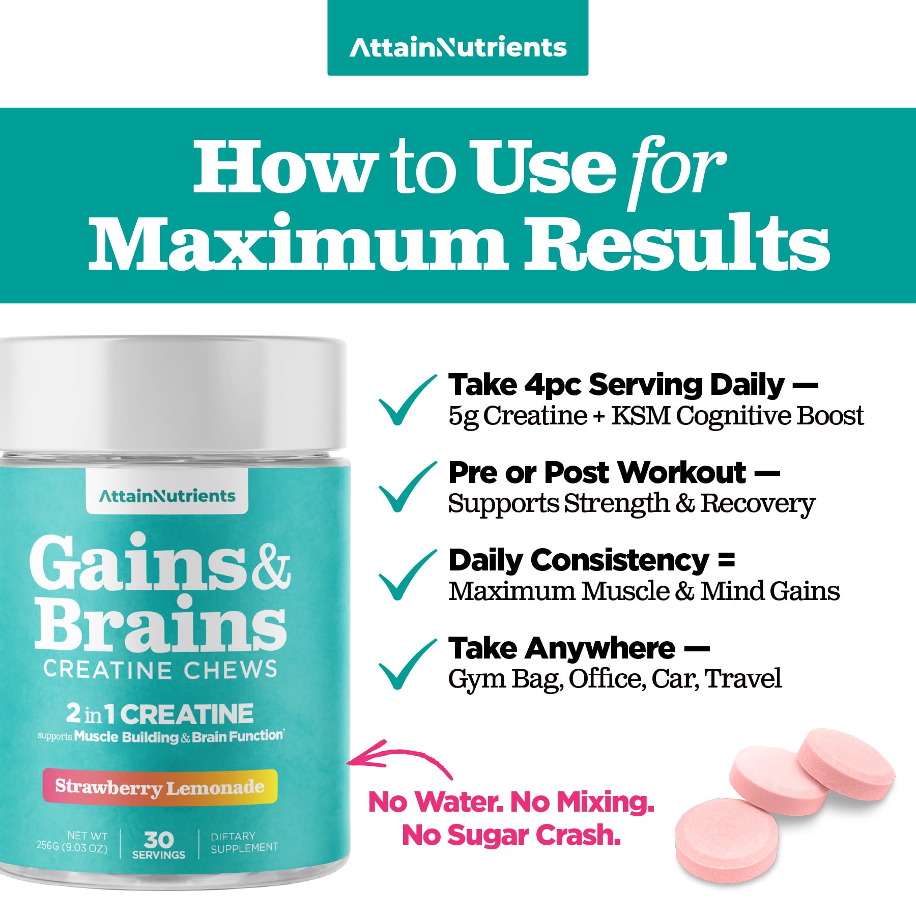Attain Nutrients Creatine Chews sabor fresa limonada para energía rápida.