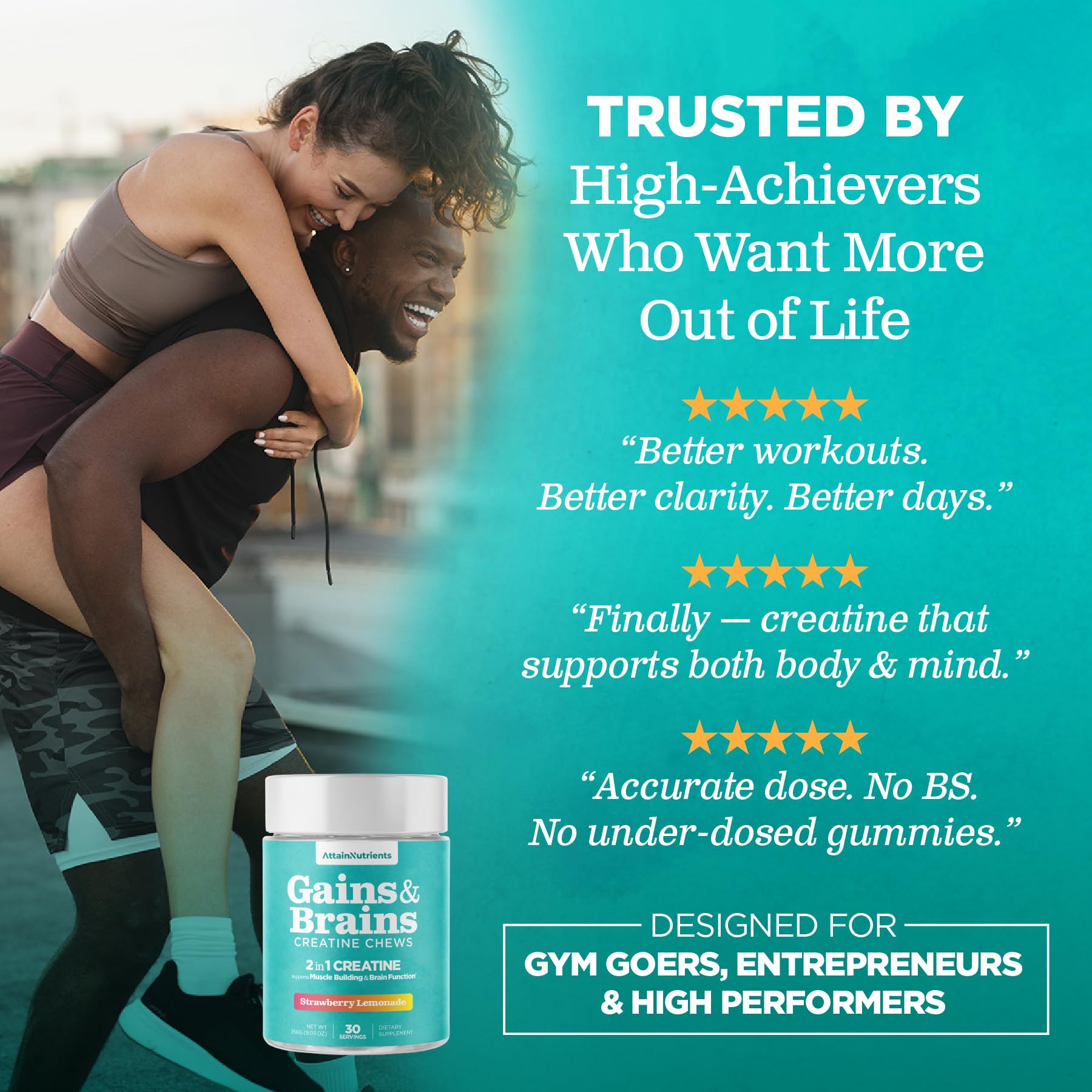 Attain Nutrients Creatine Chews uso diario en entrenamiento destacado.