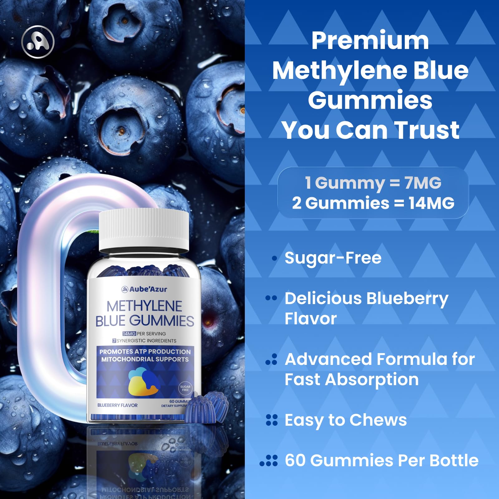 Aube'Azur gominolas metileno azul, presentación en caja atractiva.
