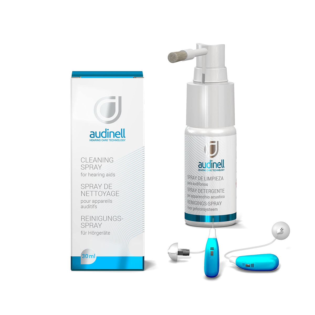 Audinell spray limpieza 30 ml con cepillo para eliminar cerumen y suciedad de audífonos.