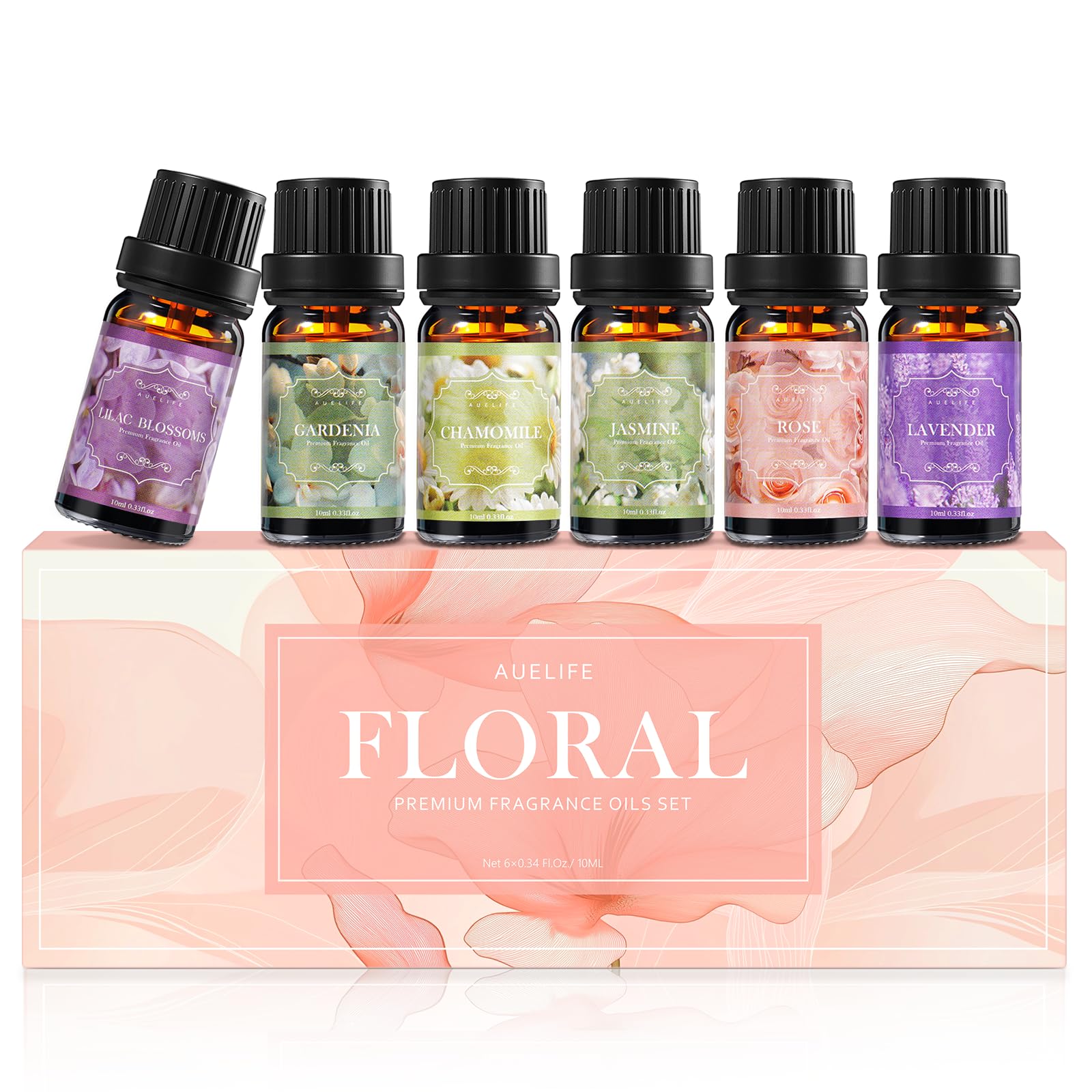 Auelife Rose: aceites florales en frasco ámbar para difusor y ambientación romántica.