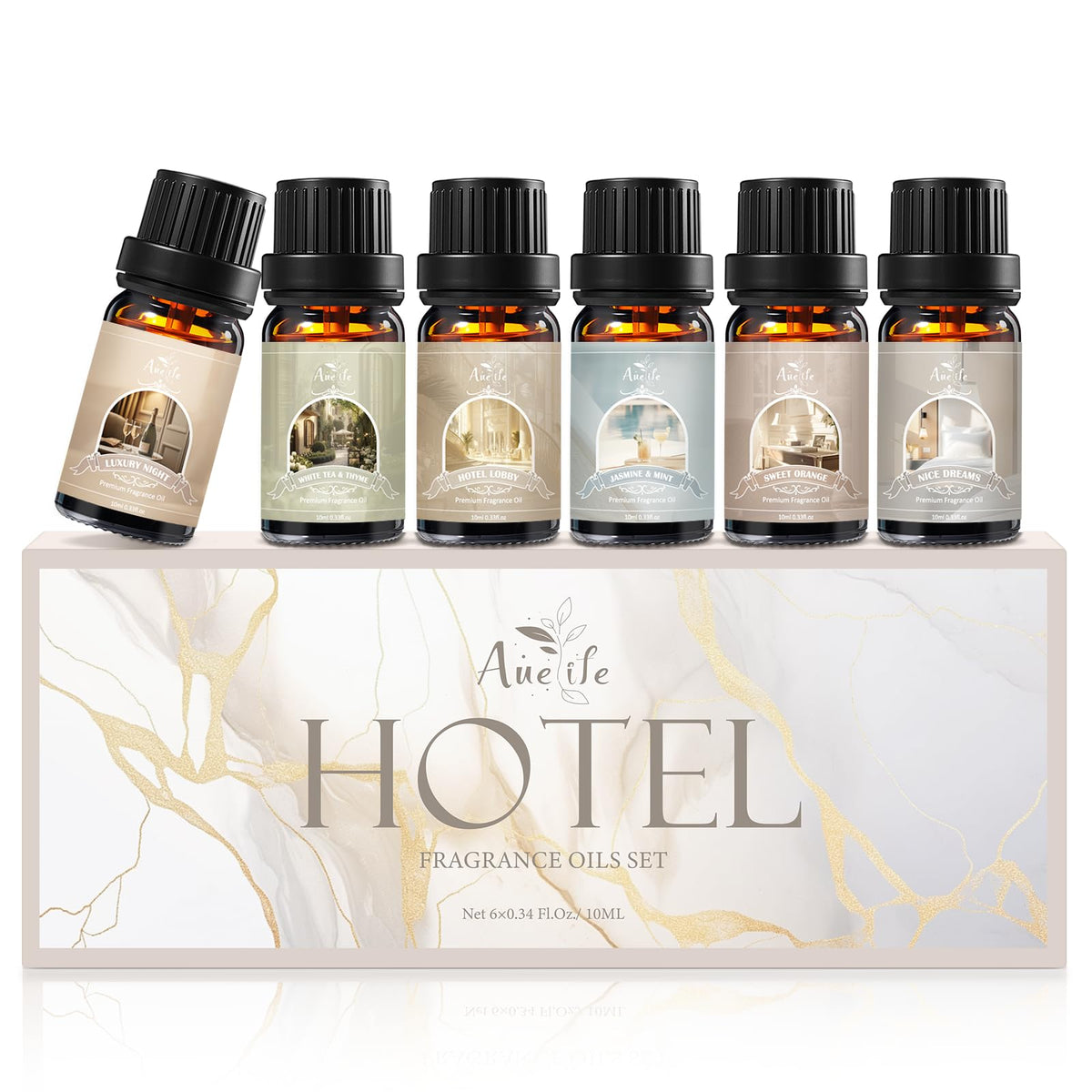 Auelife Hotel Collection: botellas para difusor en estante, aroma elegante para sala