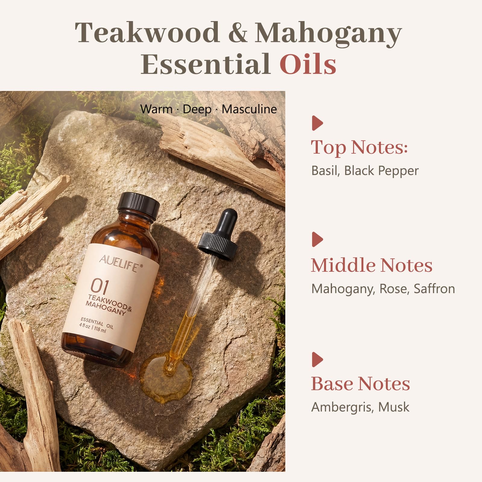 Auelife Teakwood & Mahogany: tapa y etiqueta del frasco para manejo sencillo