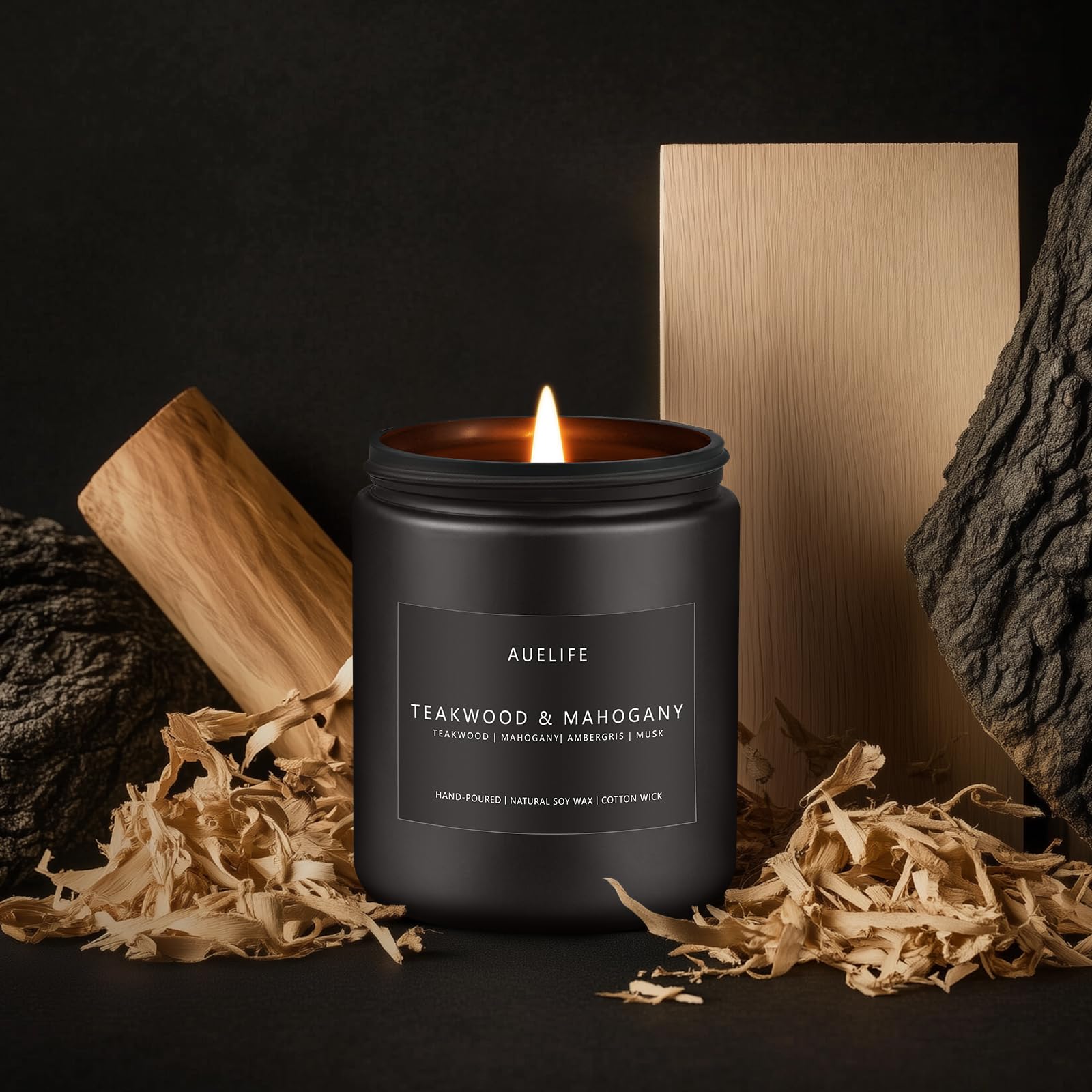 Vela Auelife Teca y Caoba, tarro negro con estética sobria para estudio.